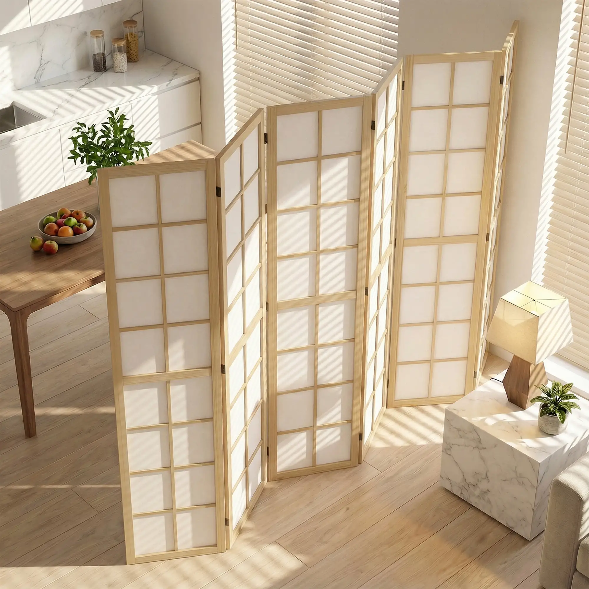 6 Panel Room Divider, 5.6 ft, Natural Wood, Folding Wall Partition - Image 10