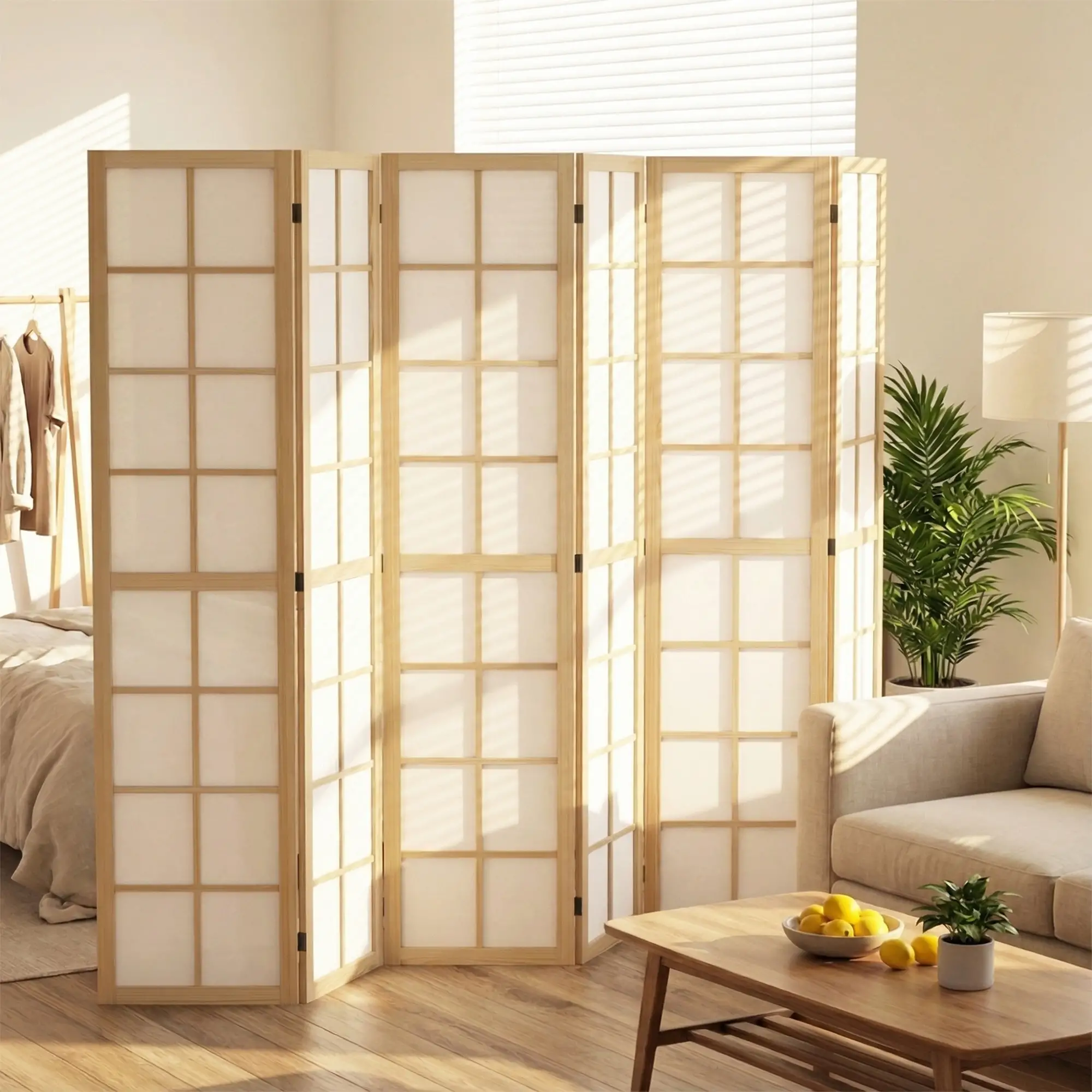 6 Panel Room Divider, 5.6 ft, Natural Wood, Folding Wall Partition - Image 2
