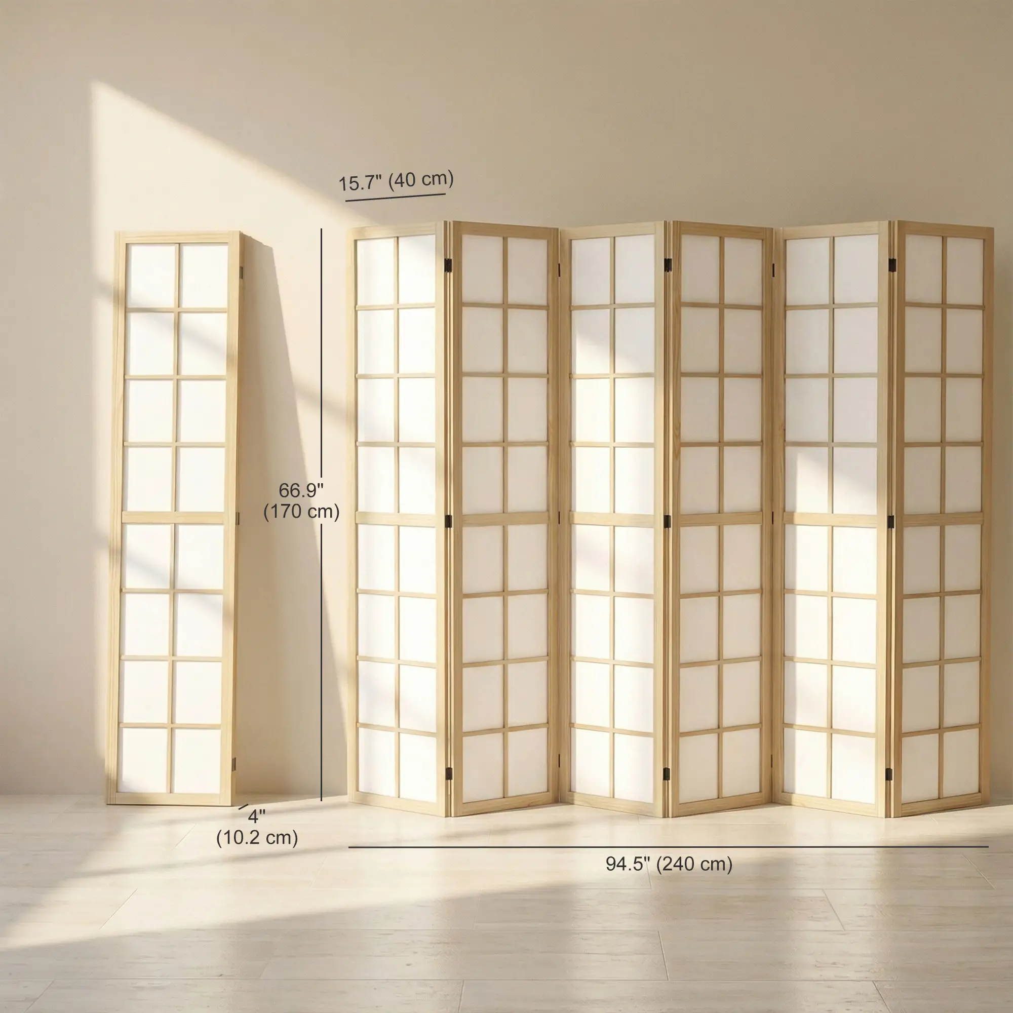 6 Panel Room Divider, 5.6 ft, Natural Wood, Folding Wall Partition - Image 3