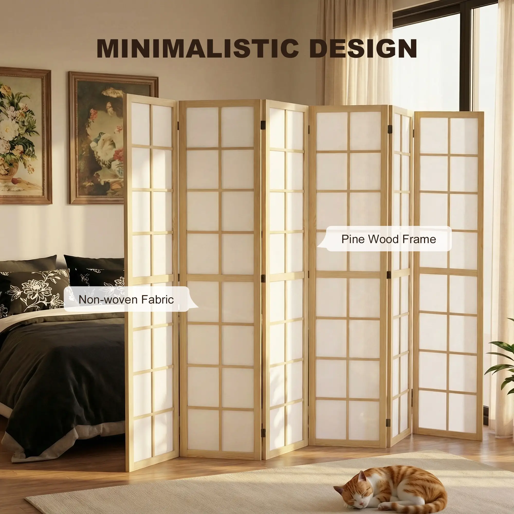 6 Panel Room Divider, 5.6 ft, Natural Wood, Folding Wall Partition - Image 4