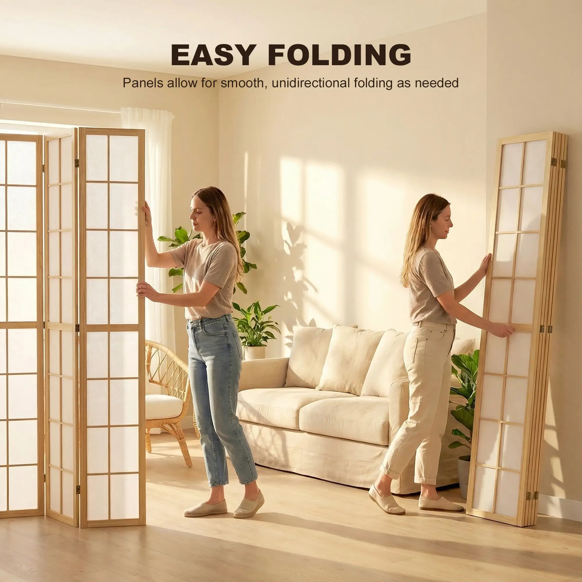 6 Panel Room Divider, 5.6 ft, Natural Wood, Folding Wall Partition - Image 5