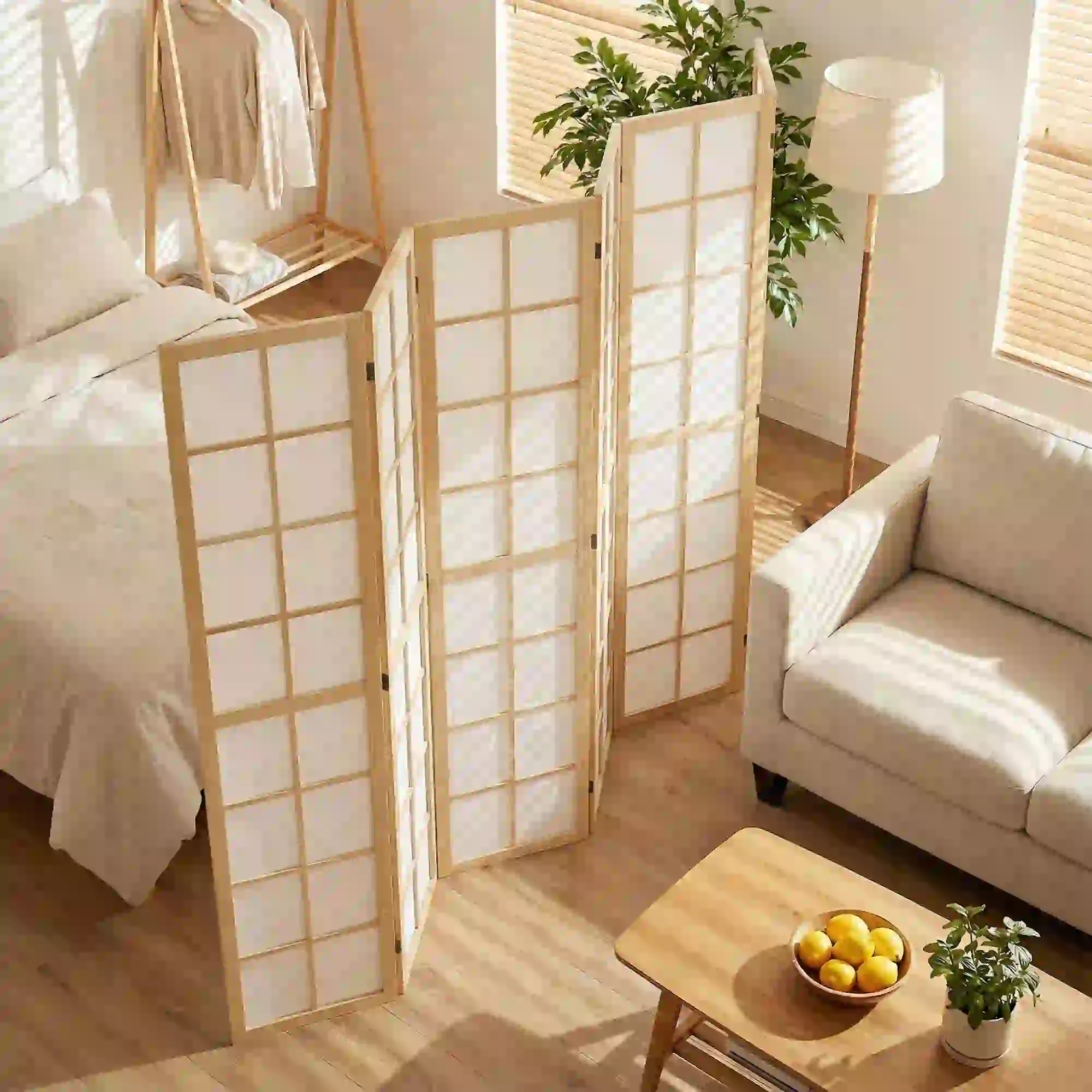 6 Panel Room Divider, 5.6 ft, Natural Wood, Folding Wall Partition - Image 7