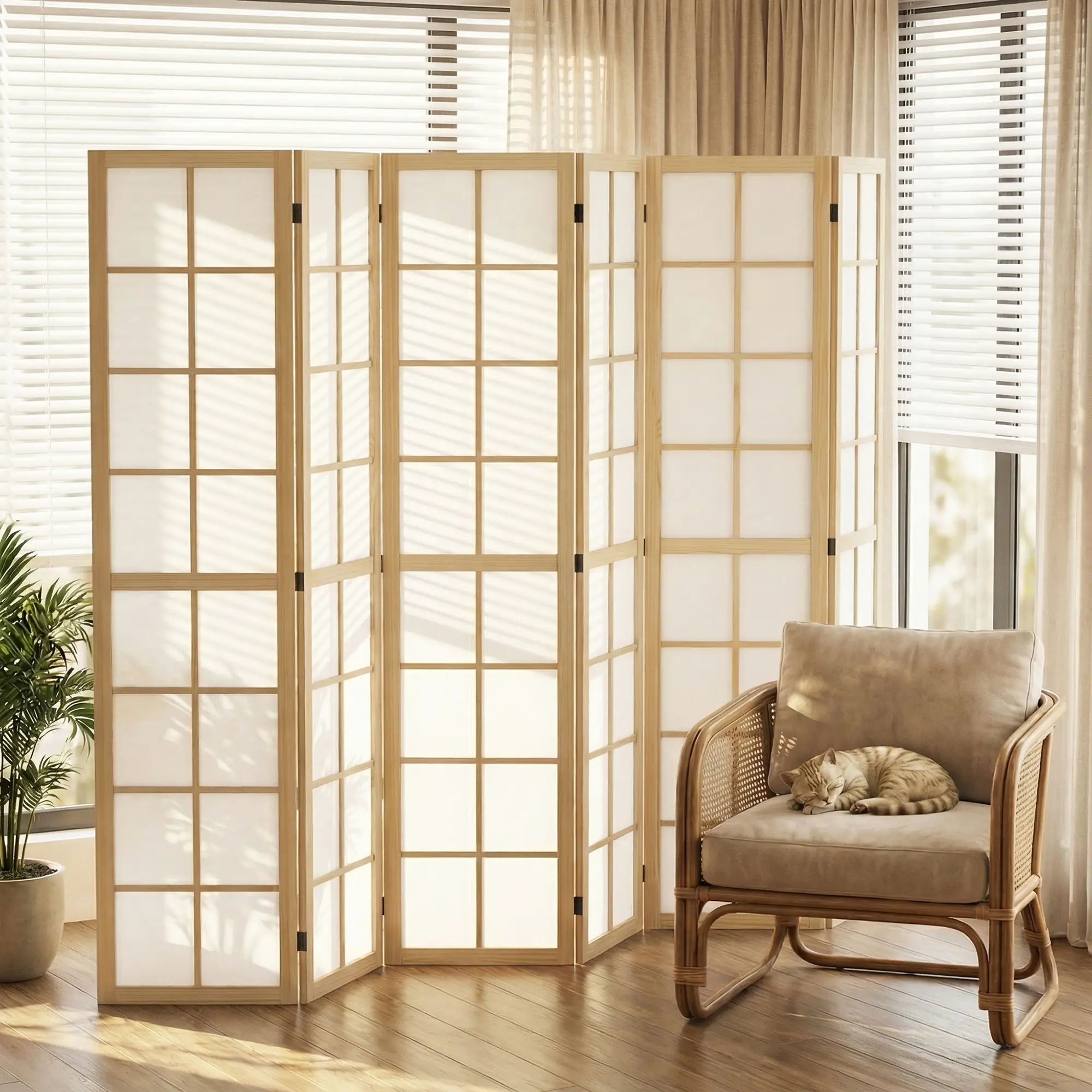 6 Panel Room Divider, 5.6 ft, Natural Wood, Folding Wall Partition - Image 8