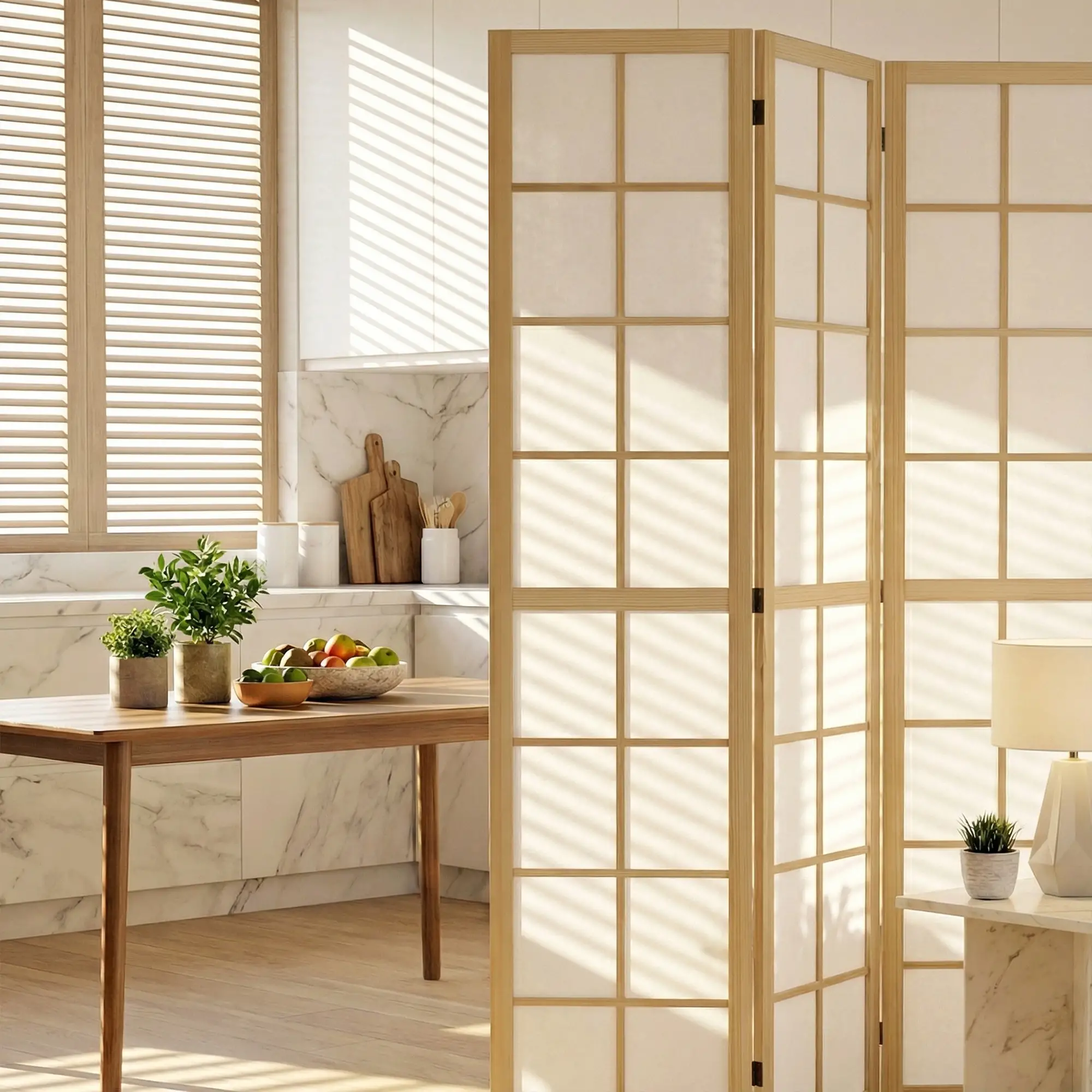 6 Panel Room Divider, 5.6 ft, Natural Wood, Folding Wall Partition - Image 9