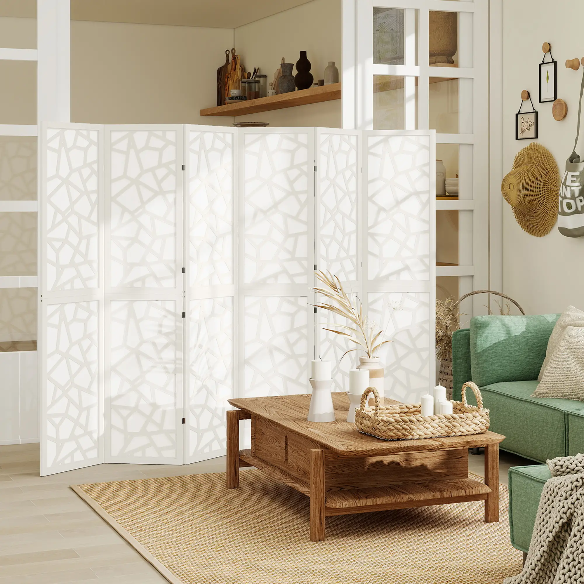 6 Panel Room Divider, 5.6 FT, Geometric Pattern Privacy Screen, White - Image 2