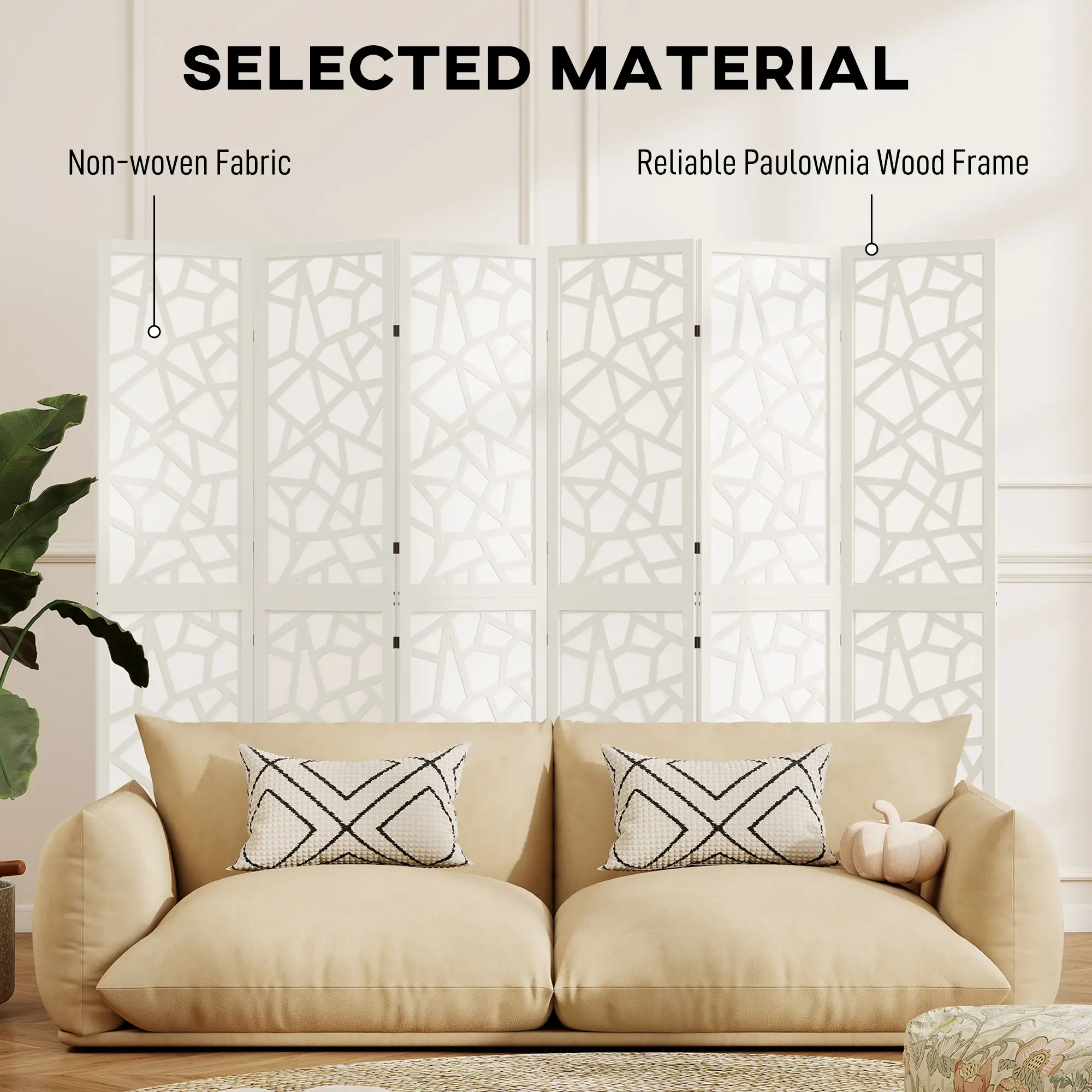 6 Panel Room Divider, 5.6 FT, Geometric Pattern Privacy Screen, White - Image 5
