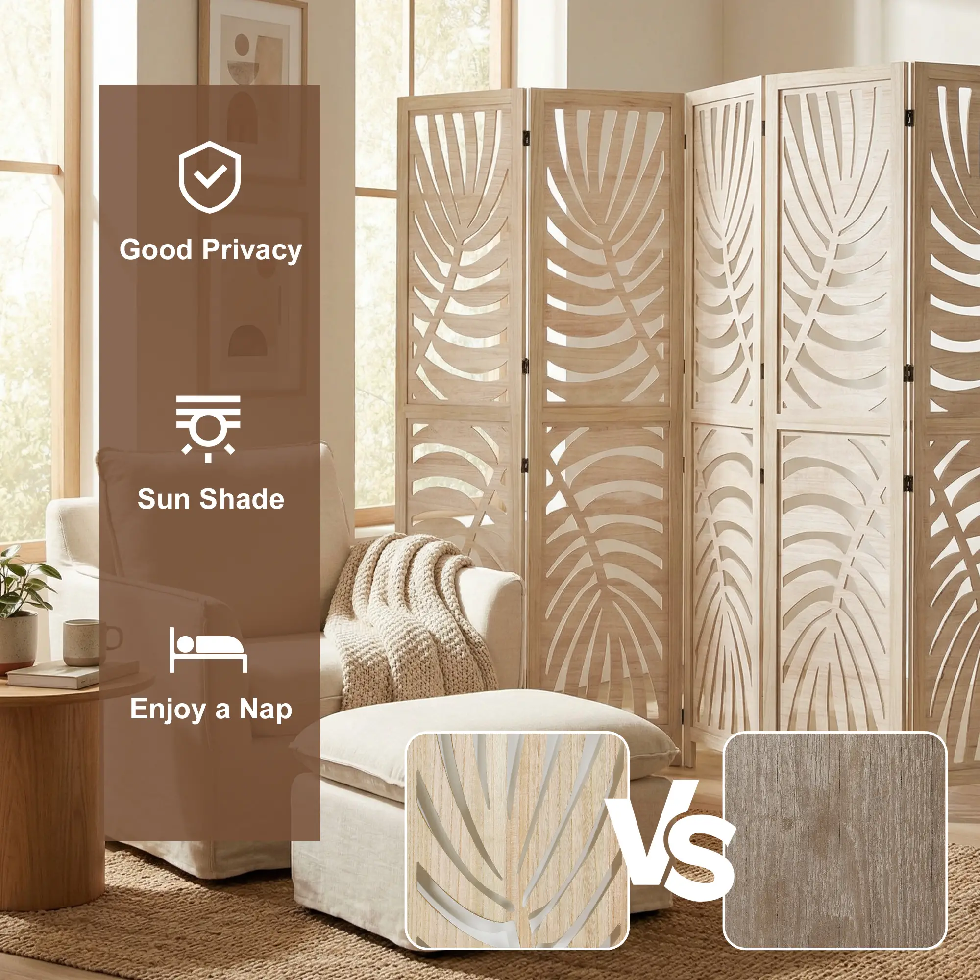 6 Panel Room Divider, Detachable Folding Privacy Screen, Palm Leaf Design, Natural Wood - Image 6