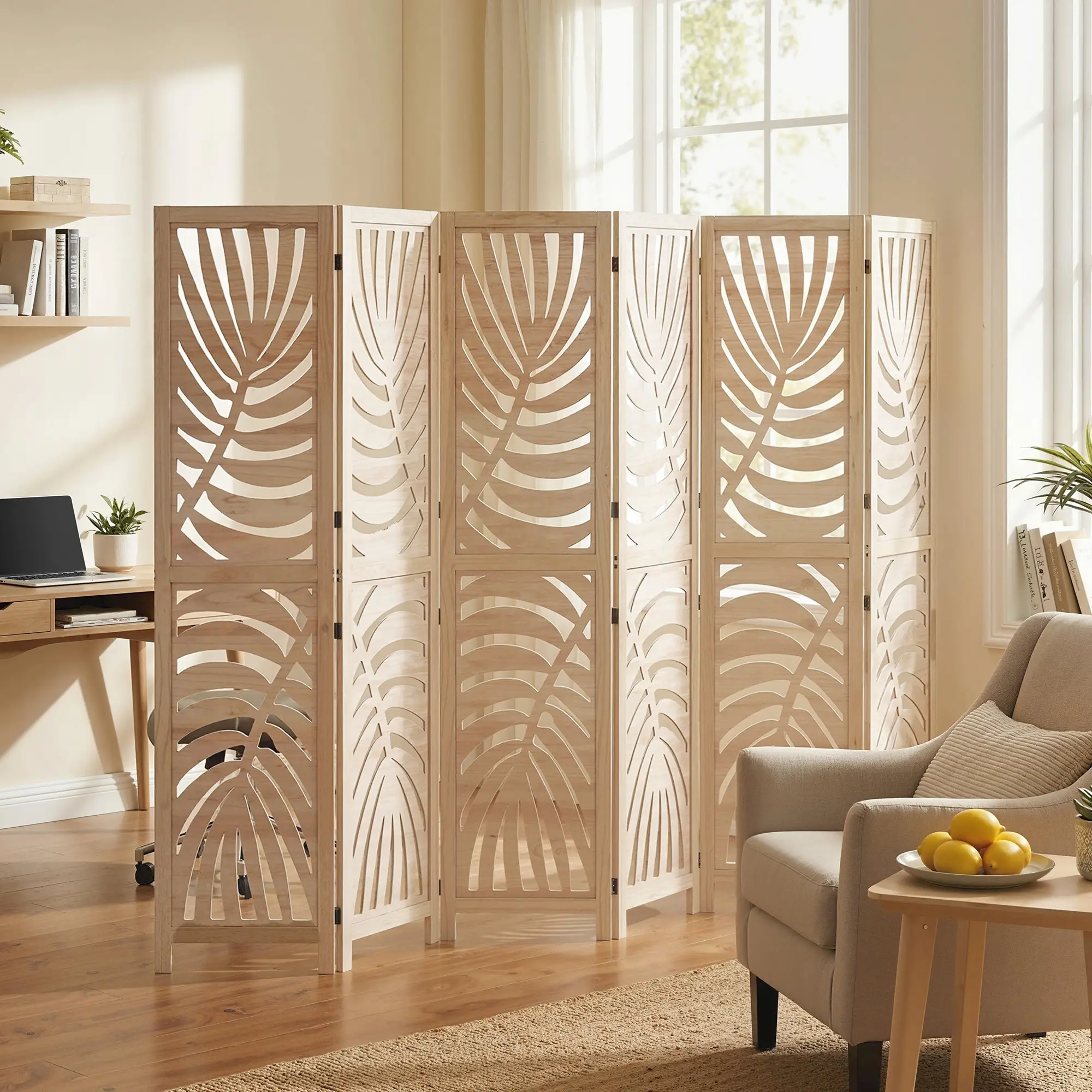6 Panel Room Divider, Detachable Folding Privacy Screen, Palm Leaf Design, Natural Wood - Image 8