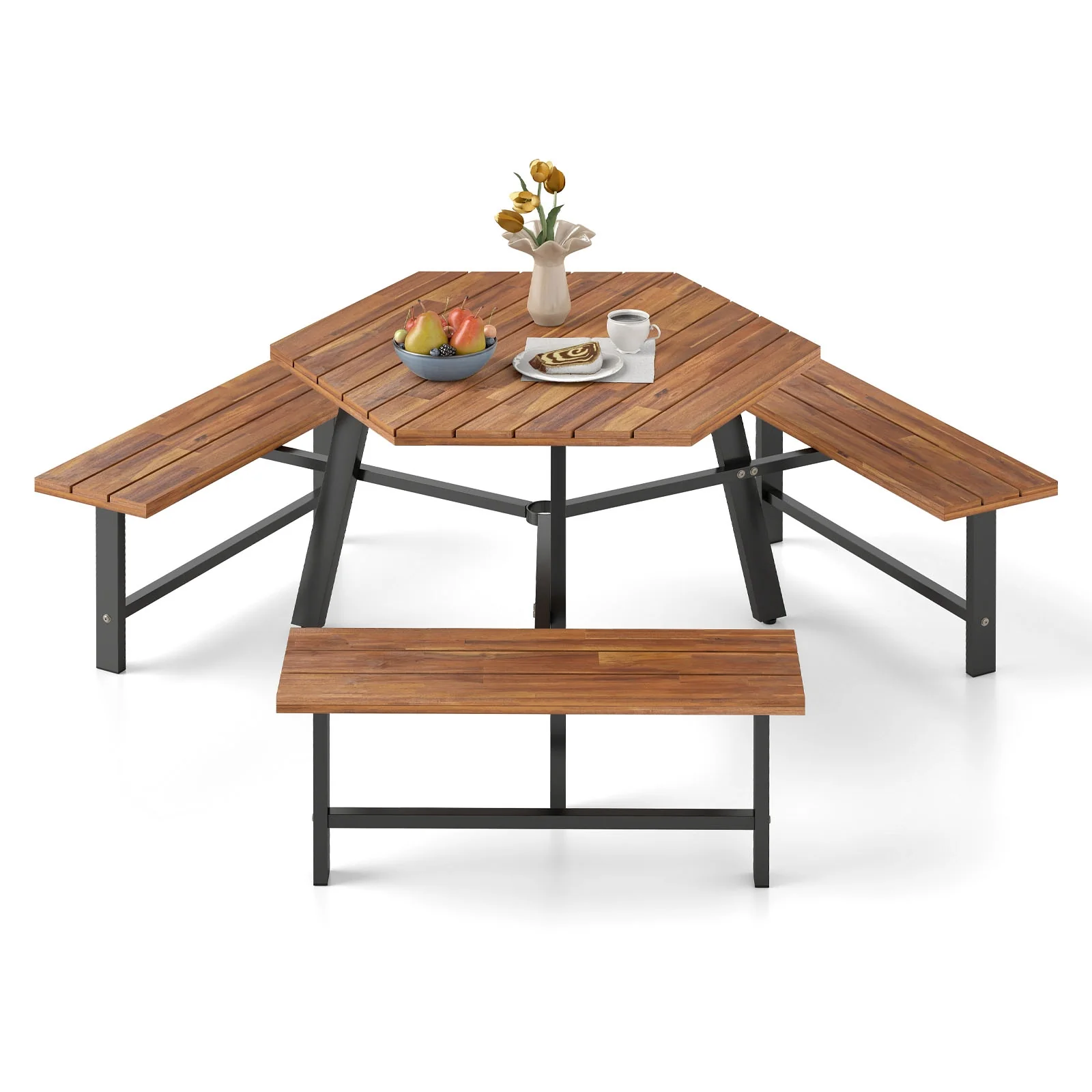 6 Person Acacia Wood Picnic Table, 3 Seats, Brown