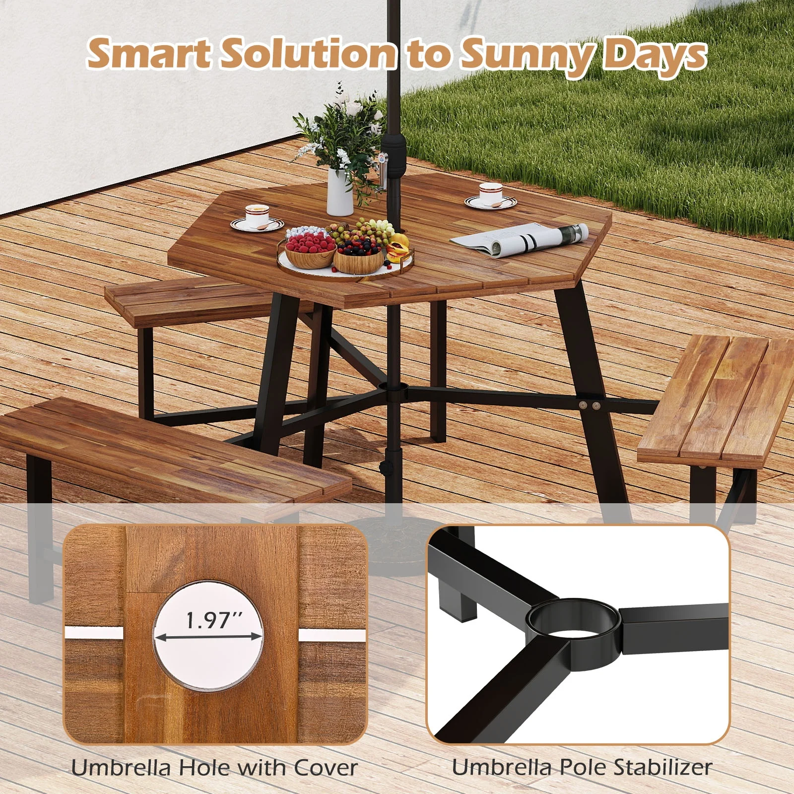 6 Person Acacia Wood Picnic Table, 3 Seats, Brown - Image 10