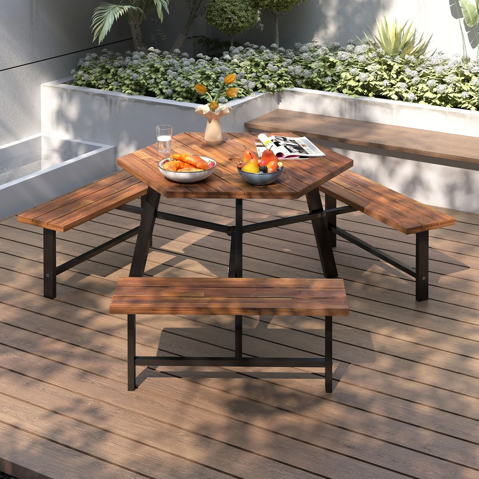 6 Person Acacia Wood Picnic Table, 3 Seats, Brown - Image 2