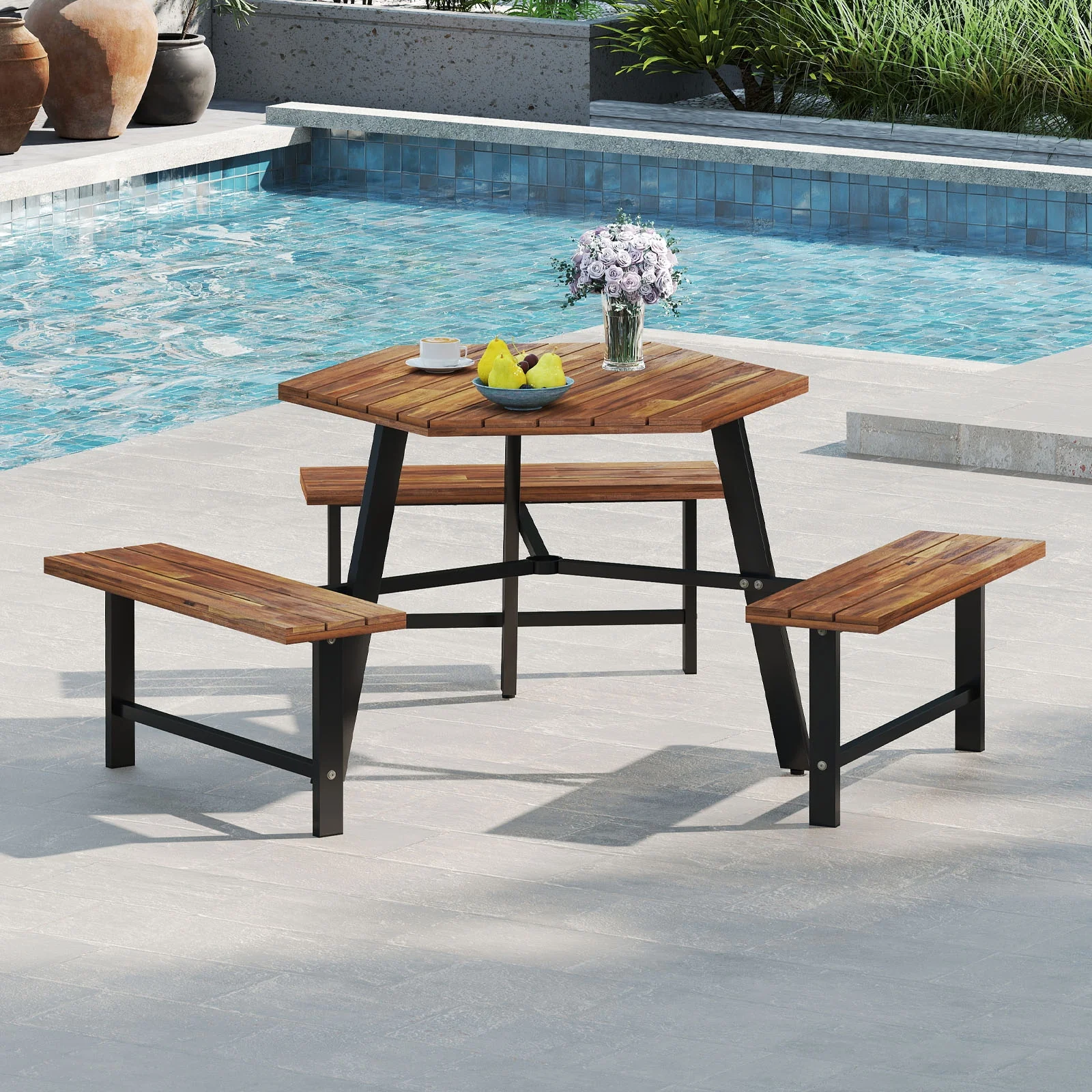 6 Person Acacia Wood Picnic Table, 3 Seats, Brown - Image 3