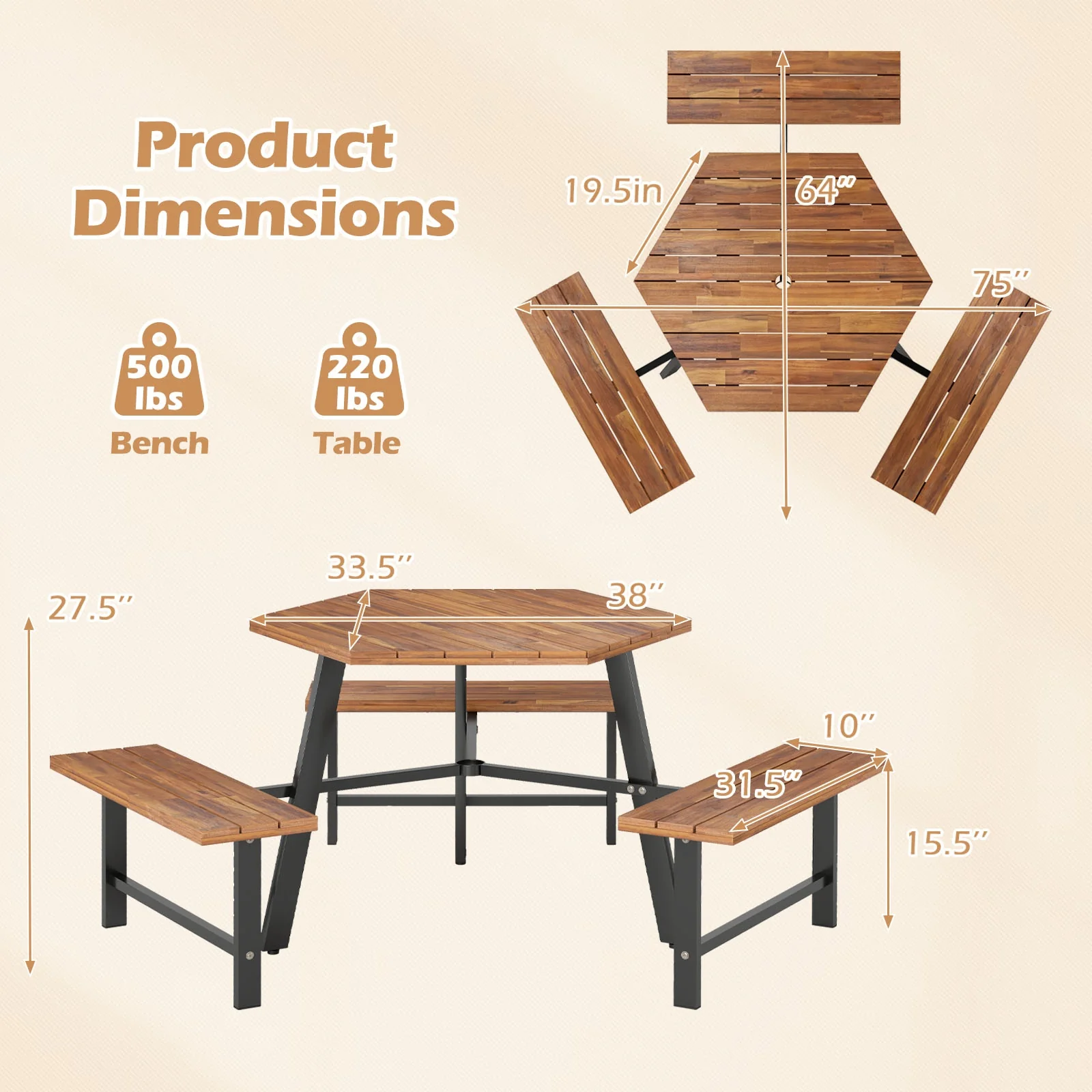 6 Person Acacia Wood Picnic Table, 3 Seats, Brown - Image 5