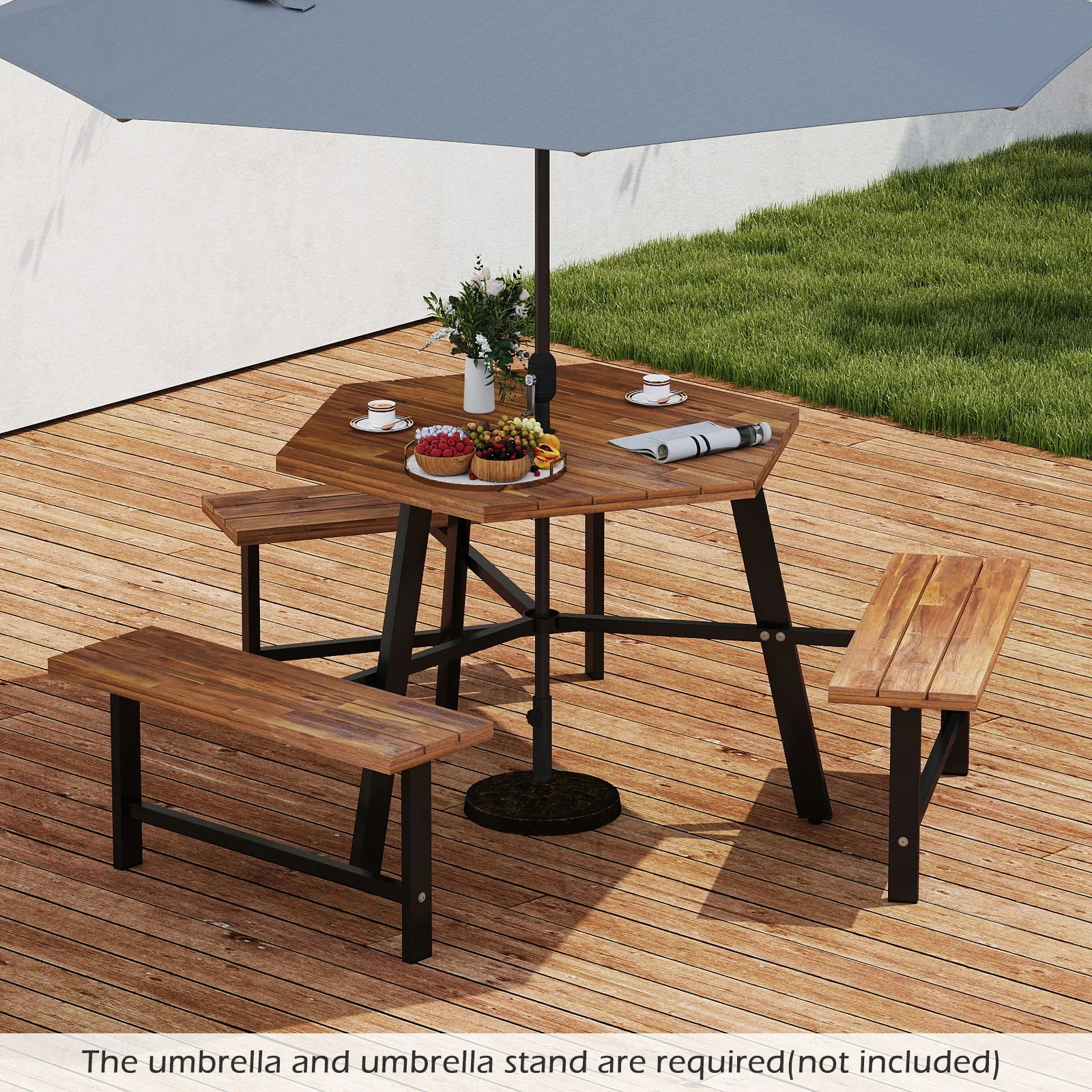 6 Person Acacia Wood Picnic Table, 3 Seats, Brown - Image 6