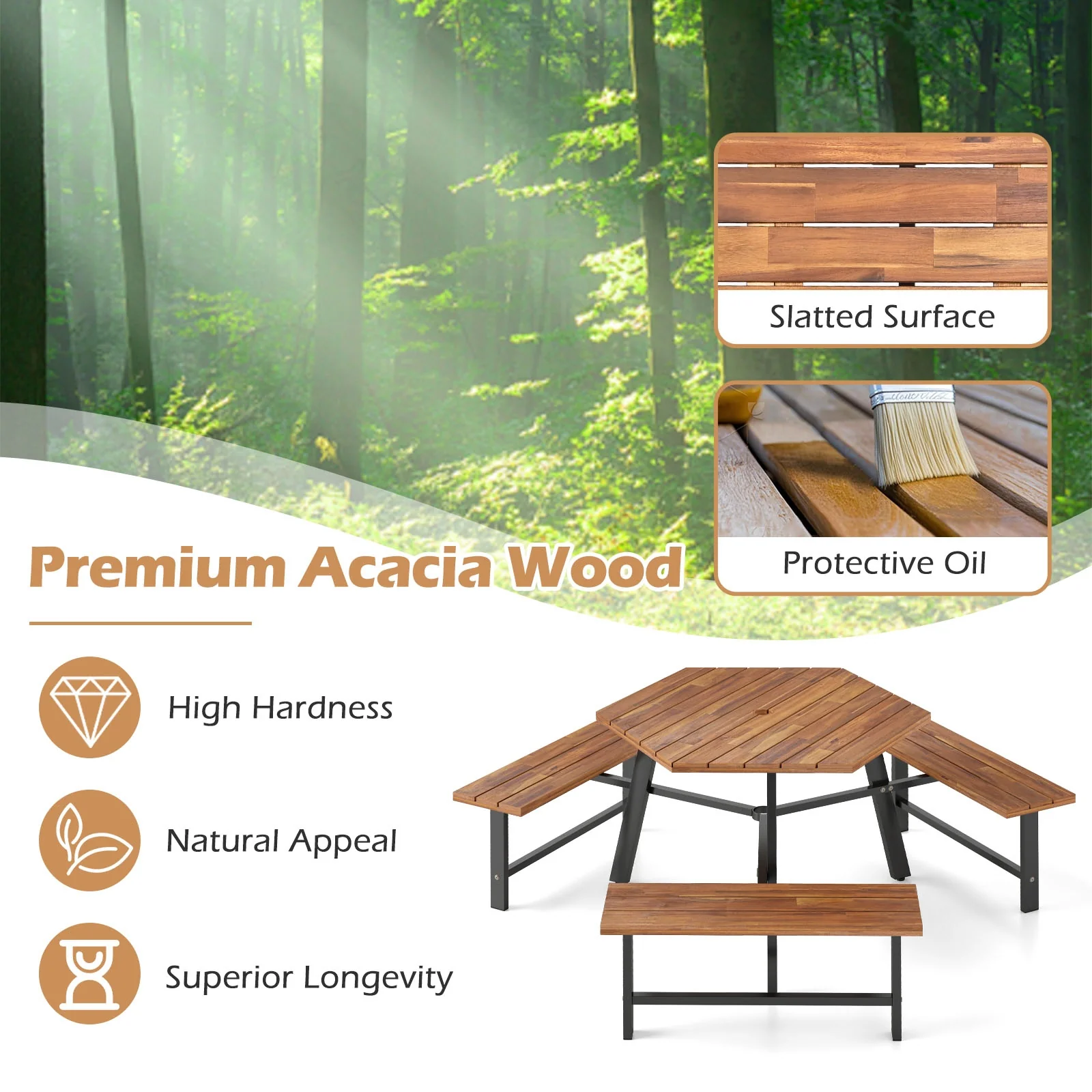6 Person Acacia Wood Picnic Table, 3 Seats, Brown - Image 8