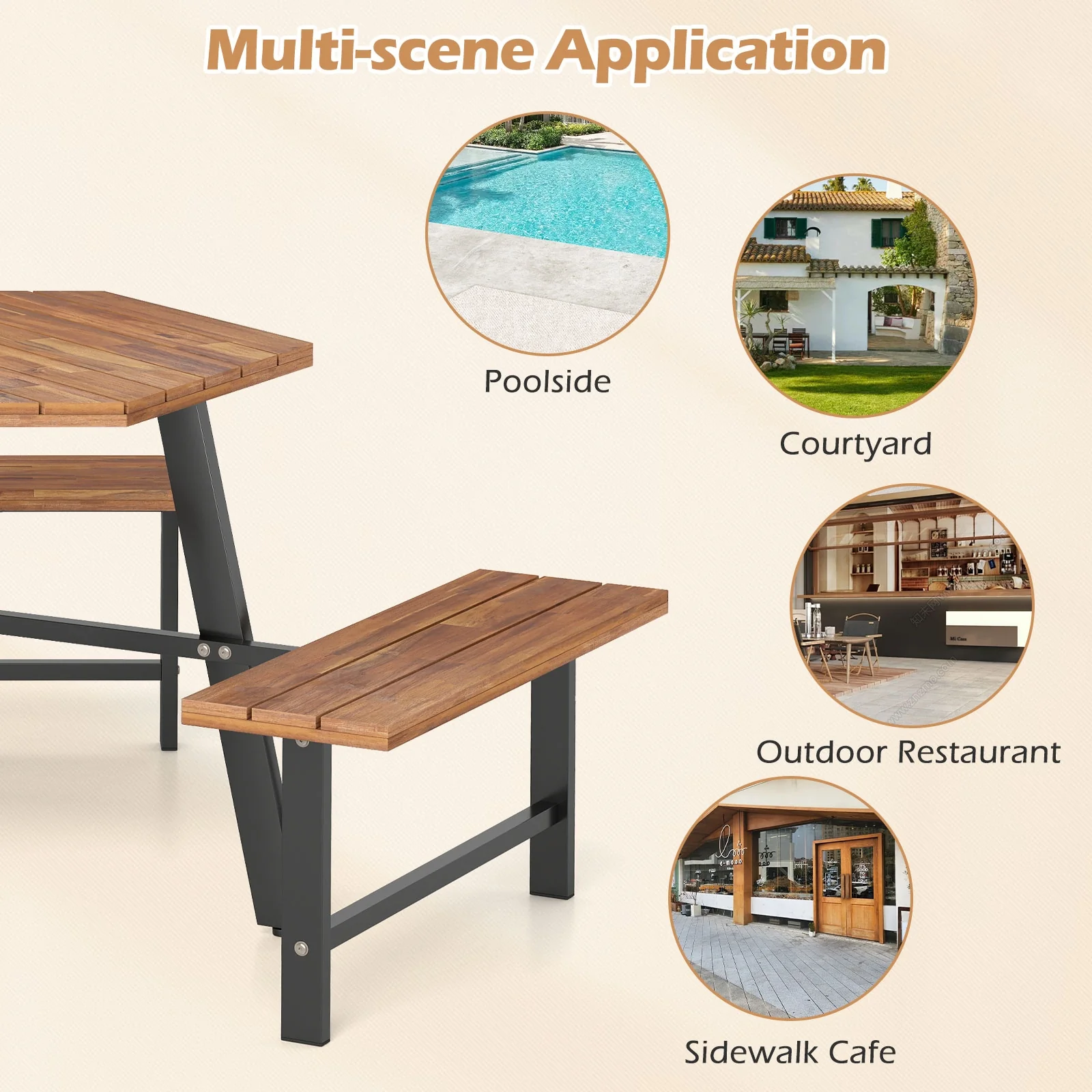 6 Person Acacia Wood Picnic Table, 3 Seats, Brown - Image 9