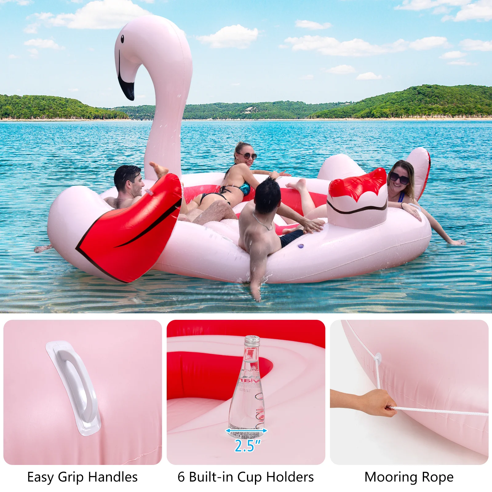 6 Person Inflatable Flamingo Island, 6 Cup Holders, Pink - Image 10