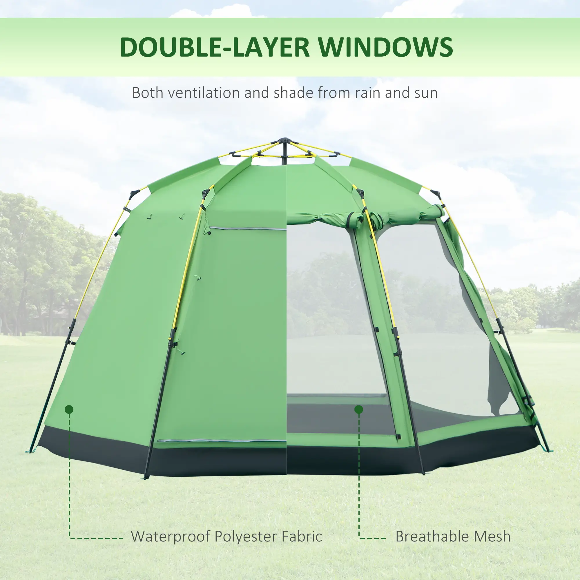 6 Person Instant Tent, 2-Tier Fabric, 4 Windows 2 Doors, Green - Image 5