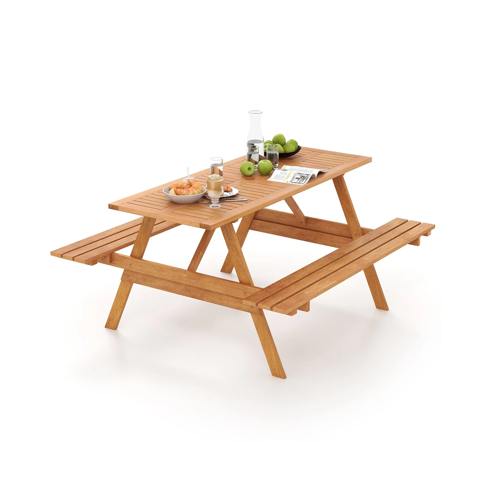 6 Person Picnic Table Set, Rectangle With Umbrella Hole, Natural