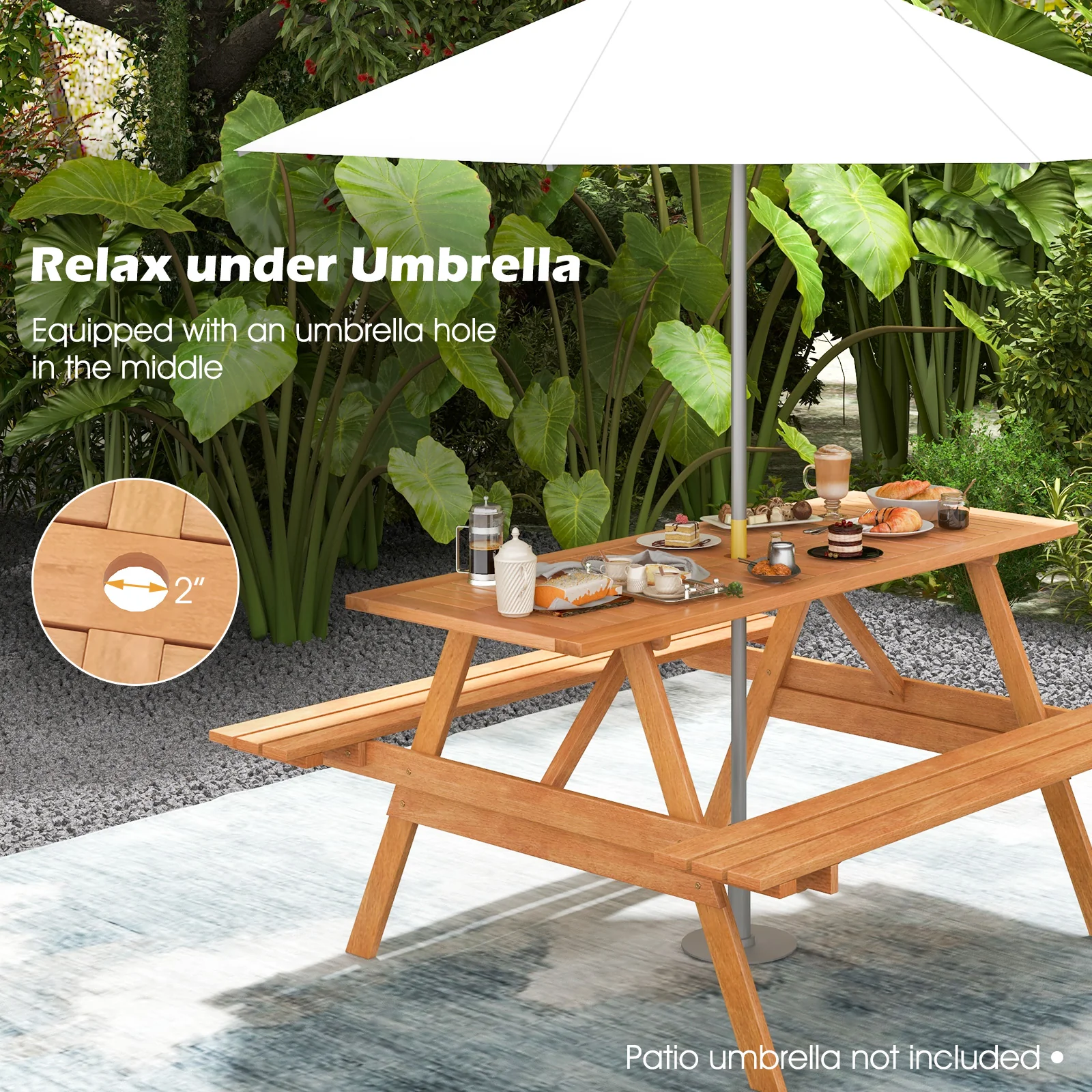 6 Person Picnic Table Set, Rectangle With Umbrella Hole, Natural - Image 10