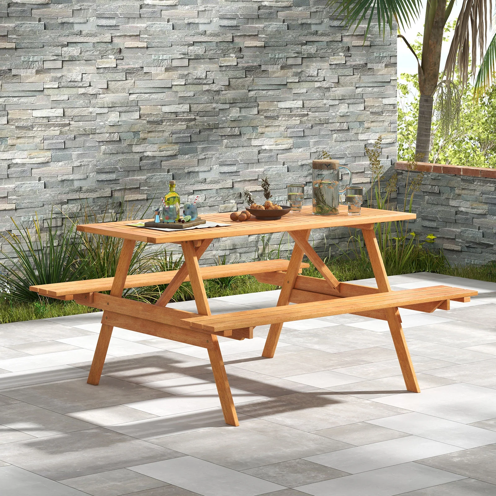 6 Person Picnic Table Set, Rectangle With Umbrella Hole, Natural - Image 2