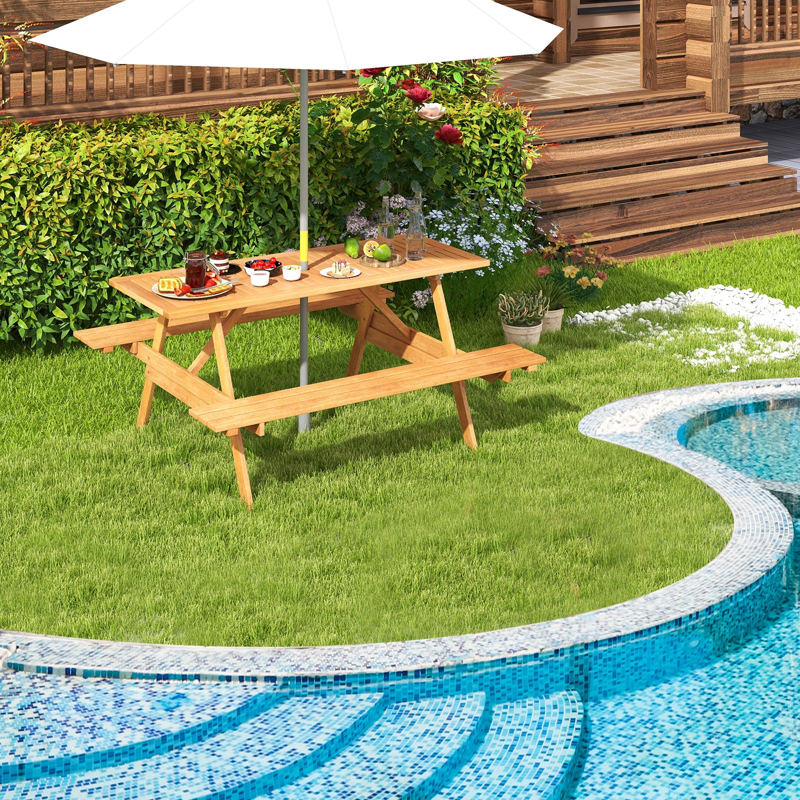 6 Person Picnic Table Set, Rectangle With Umbrella Hole, Natural - Image 3