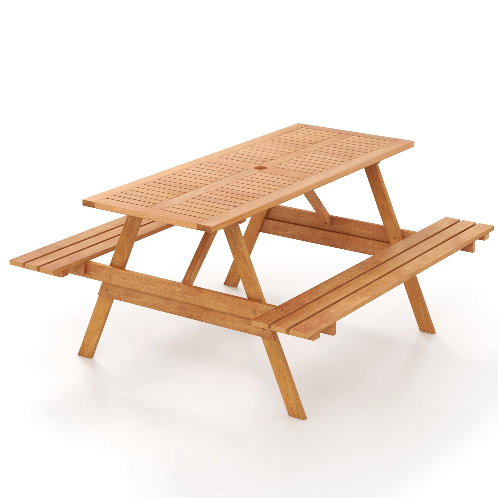 6 Person Picnic Table Set, Rectangle With Umbrella Hole, Natural - Image 5