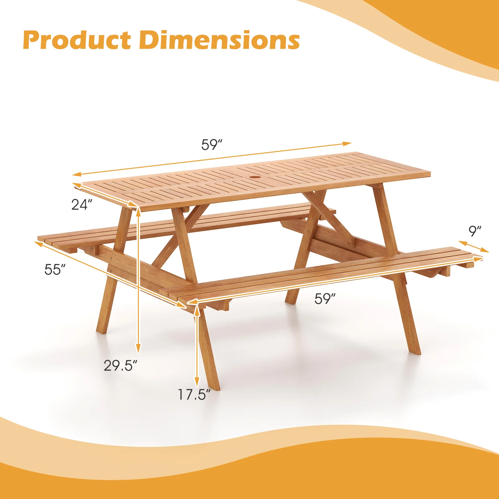 6 Person Picnic Table Set, Rectangle With Umbrella Hole, Natural - Image 6