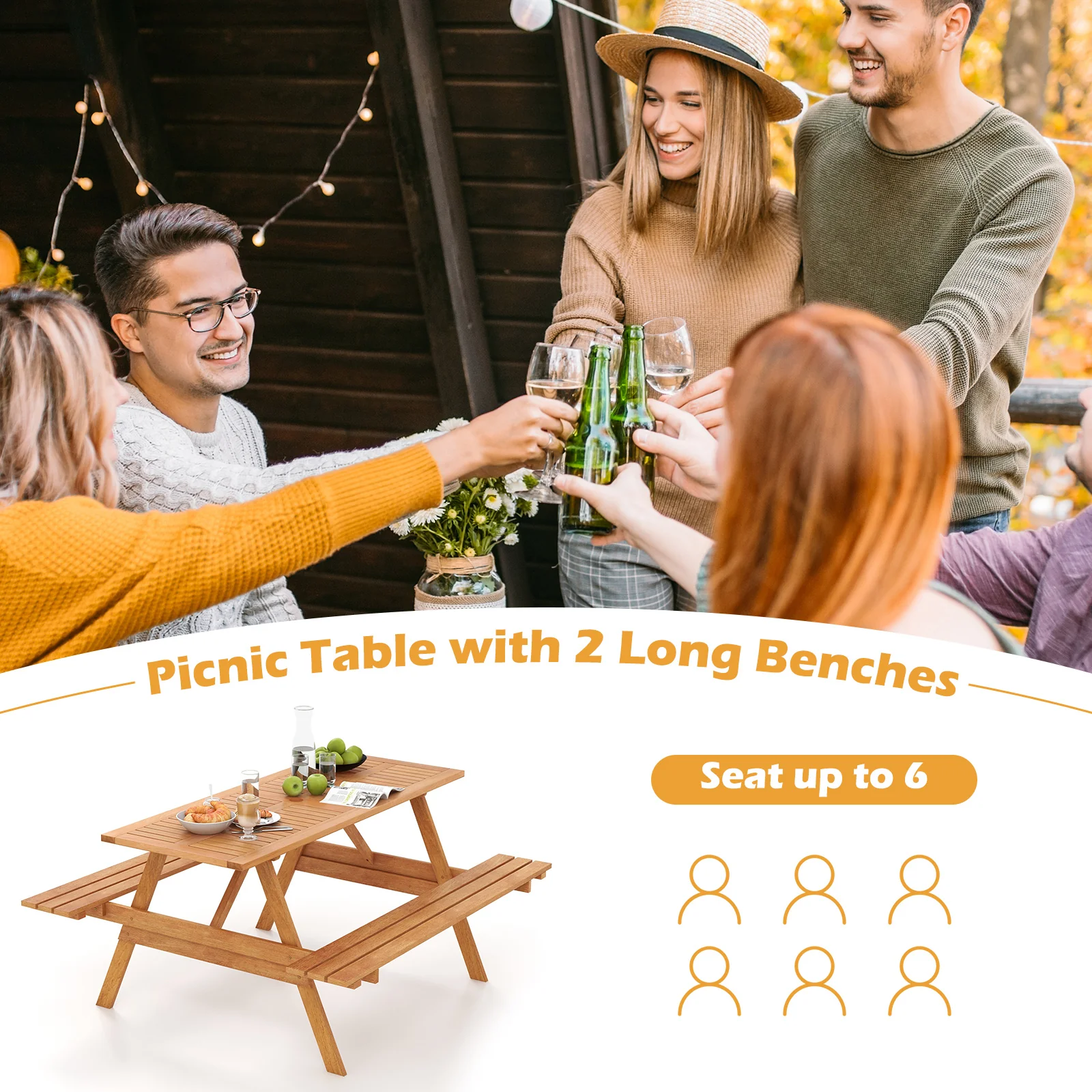 6 Person Picnic Table Set, Rectangle With Umbrella Hole, Natural - Image 7