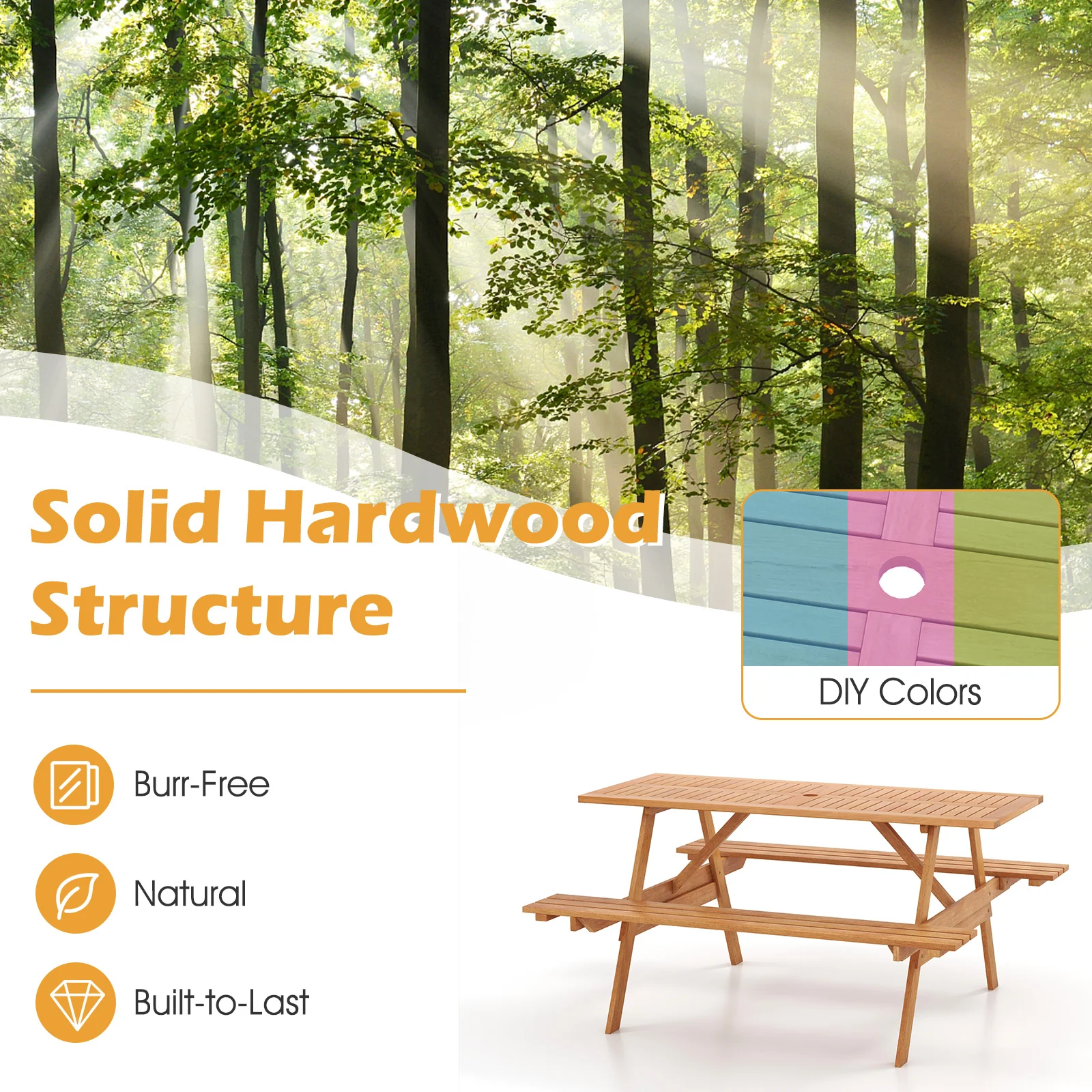 6 Person Picnic Table Set, Rectangle With Umbrella Hole, Natural - Image 8