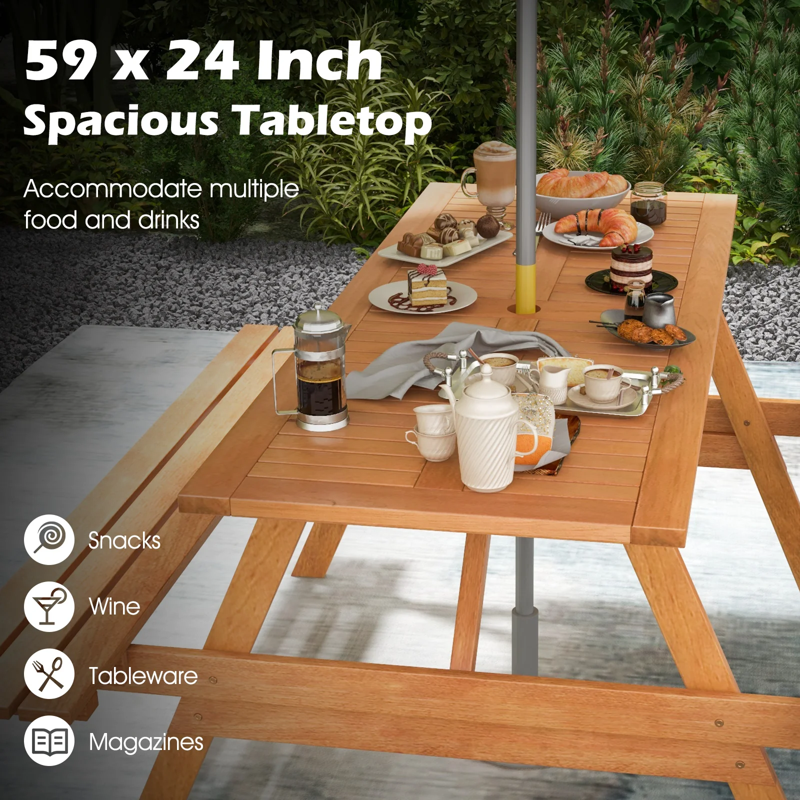 6 Person Picnic Table Set, Rectangle With Umbrella Hole, Natural - Image 9