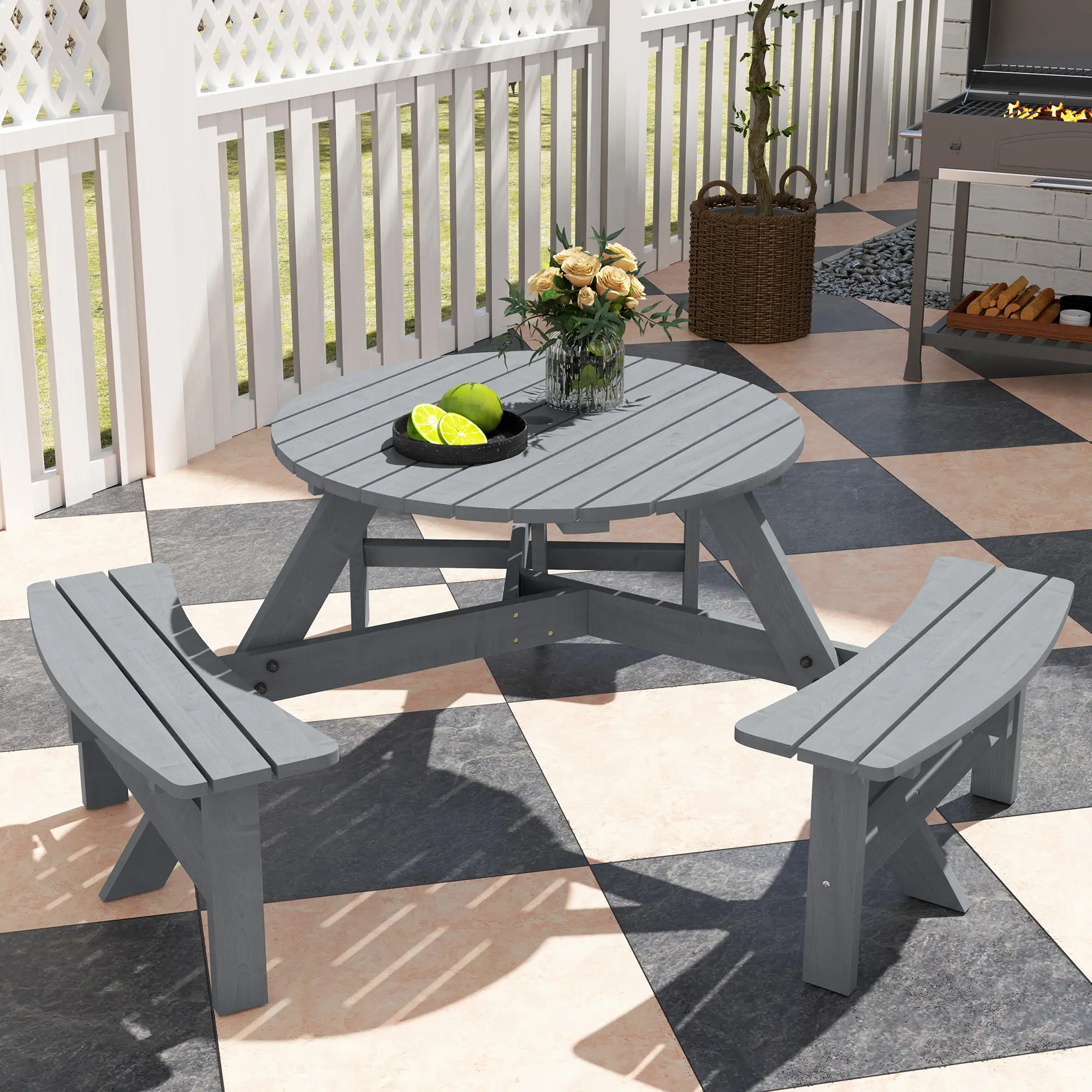 6 Person Round Picnic Table, With Umbrella Hole, 3 Built-in Benches, Grey - Image 10