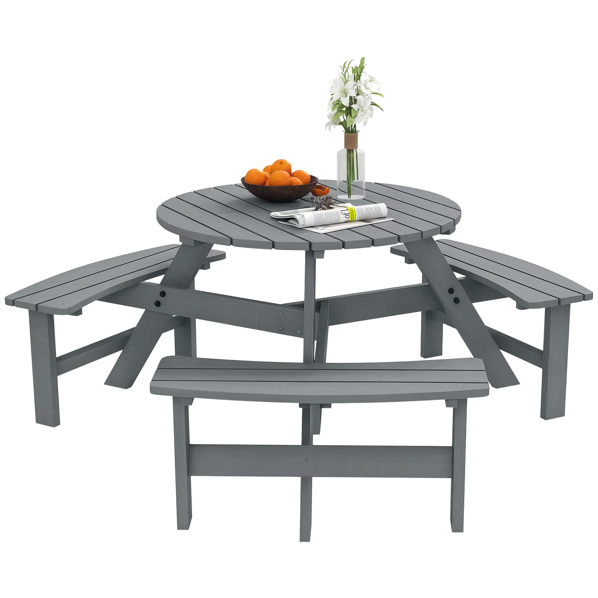 6 Person Round Picnic Table, With Umbrella Hole, 3 Built-in Benches, Grey - Image 11