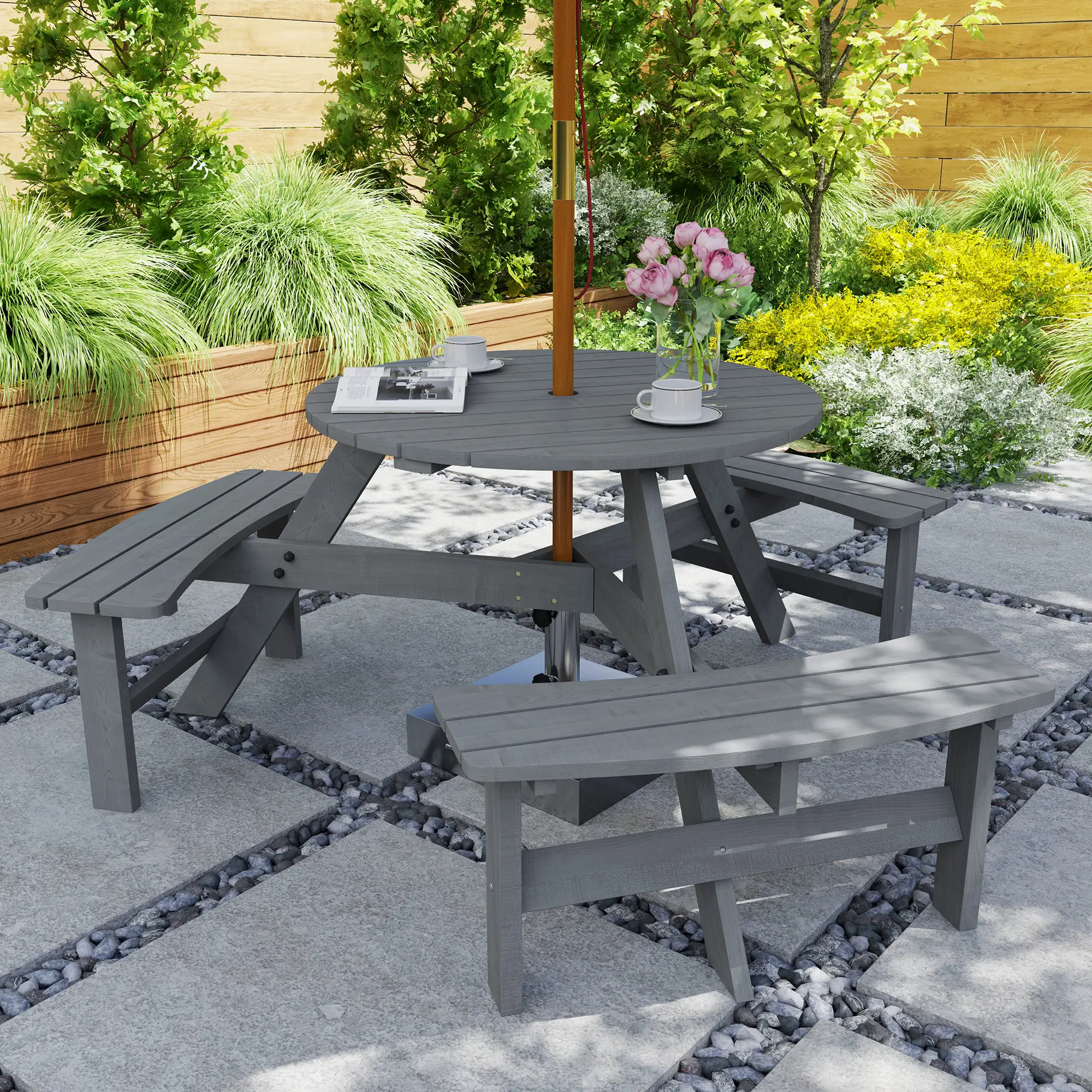 6 Person Round Picnic Table, With Umbrella Hole, 3 Built-in Benches, Grey - Image 2