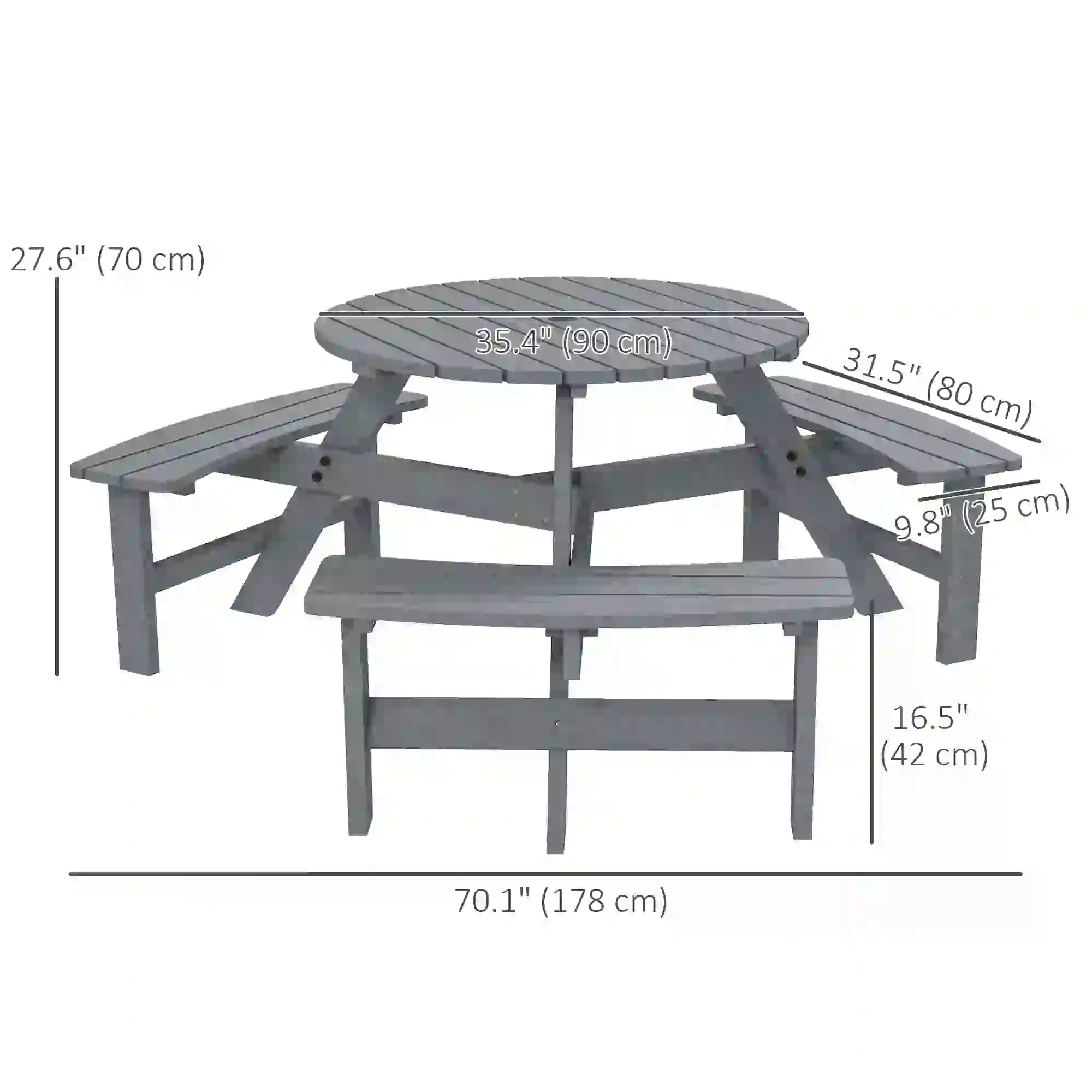 6 Person Round Picnic Table, With Umbrella Hole, 3 Built-in Benches, Grey - Image 3
