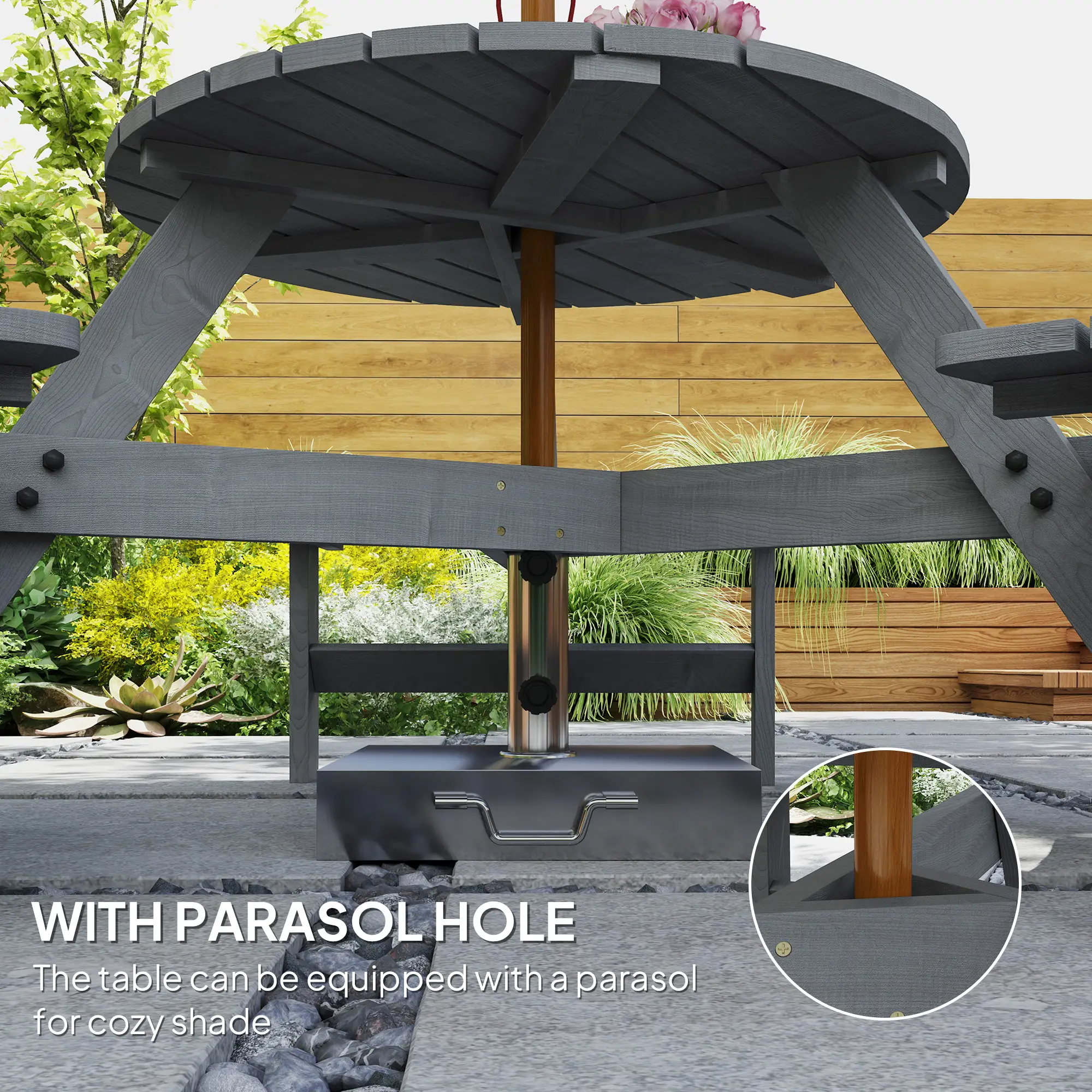 6 Person Round Picnic Table, With Umbrella Hole, 3 Built-in Benches, Grey - Image 4
