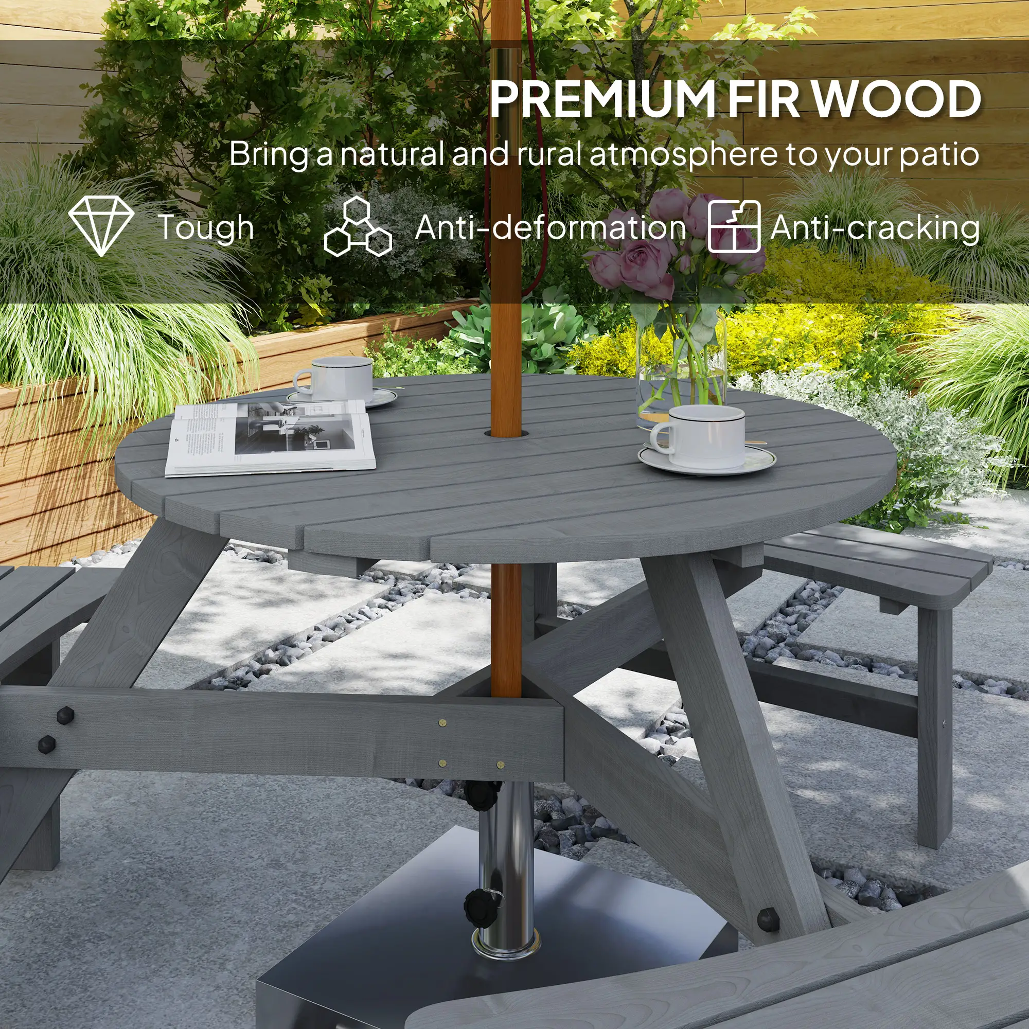6 Person Round Picnic Table, With Umbrella Hole, 3 Built-in Benches, Grey - Image 5