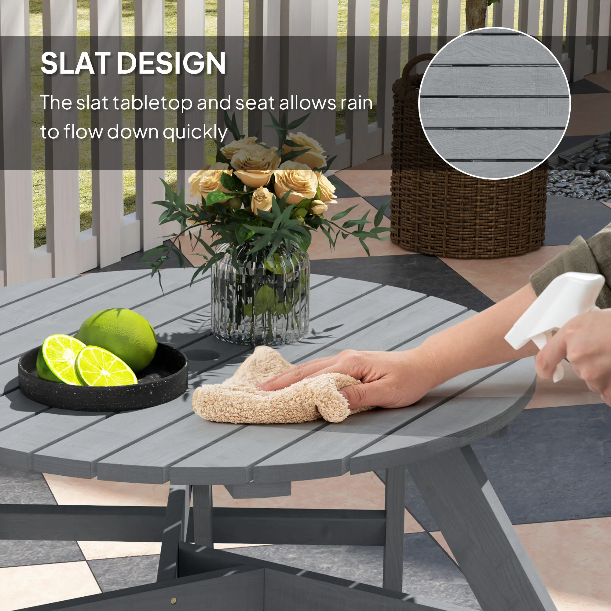 6 Person Round Picnic Table, With Umbrella Hole, 3 Built-in Benches, Grey - Image 6