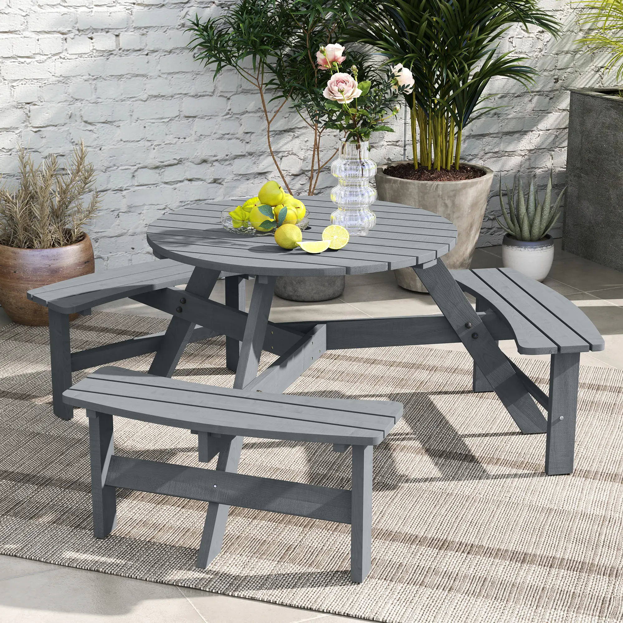 6 Person Round Picnic Table, With Umbrella Hole, 3 Built-in Benches, Grey - Image 8