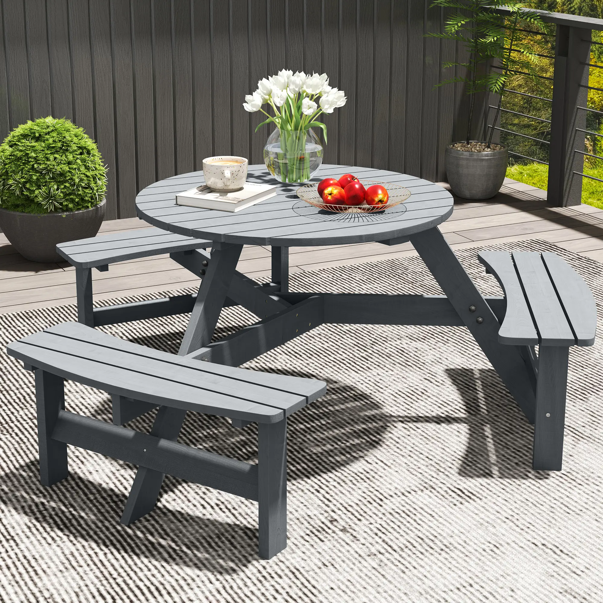 6 Person Round Picnic Table, With Umbrella Hole, 3 Built-in Benches, Grey - Image 9