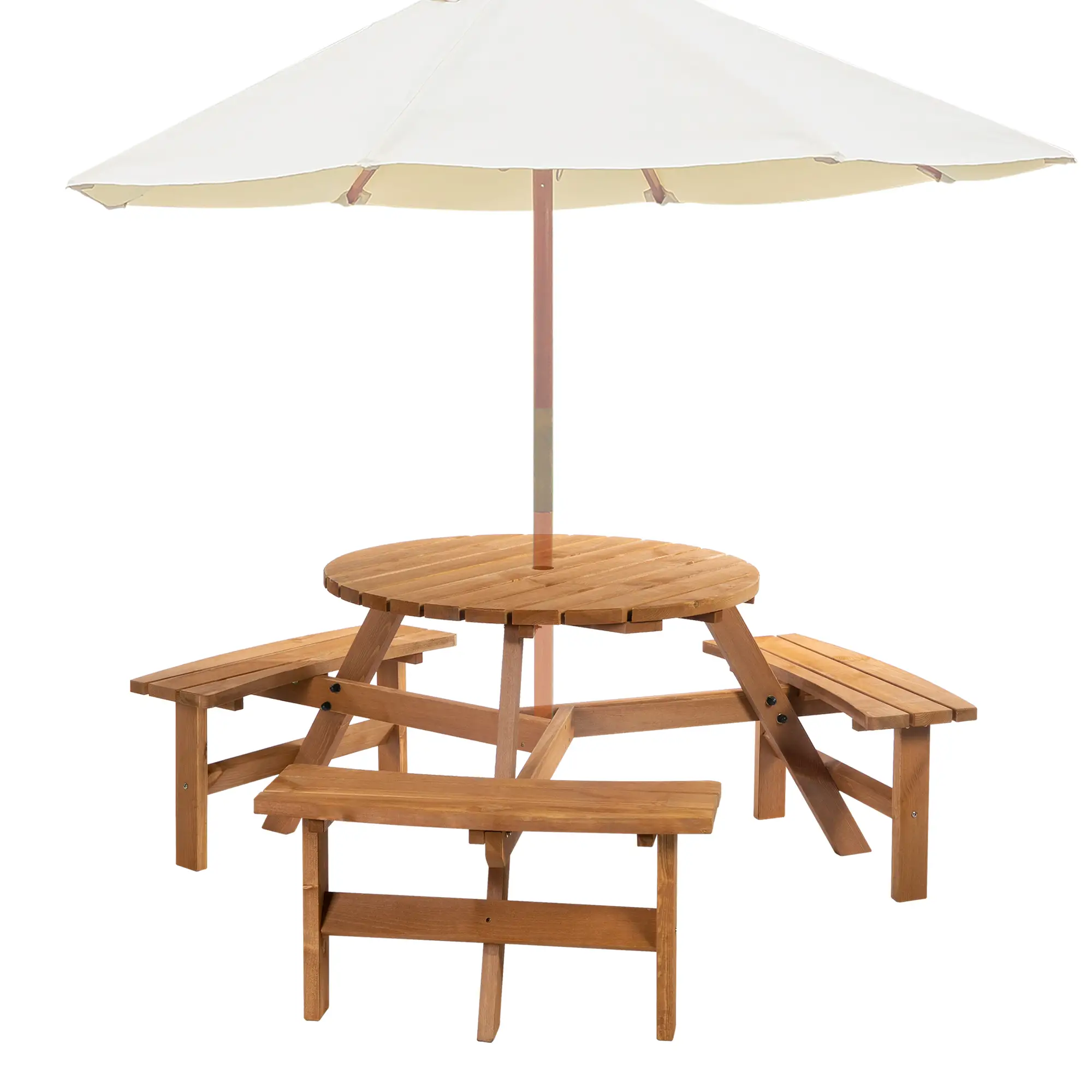 6 Person Round Picnic Table, Wood Patio Set with Umbrella Hole, Brown - Image 11