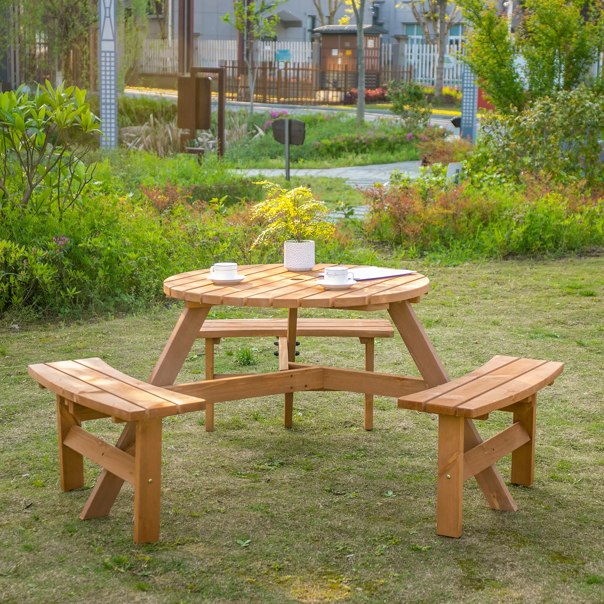 6 Person Round Picnic Table, Wood Patio Set with Umbrella Hole, Brown - Image 8