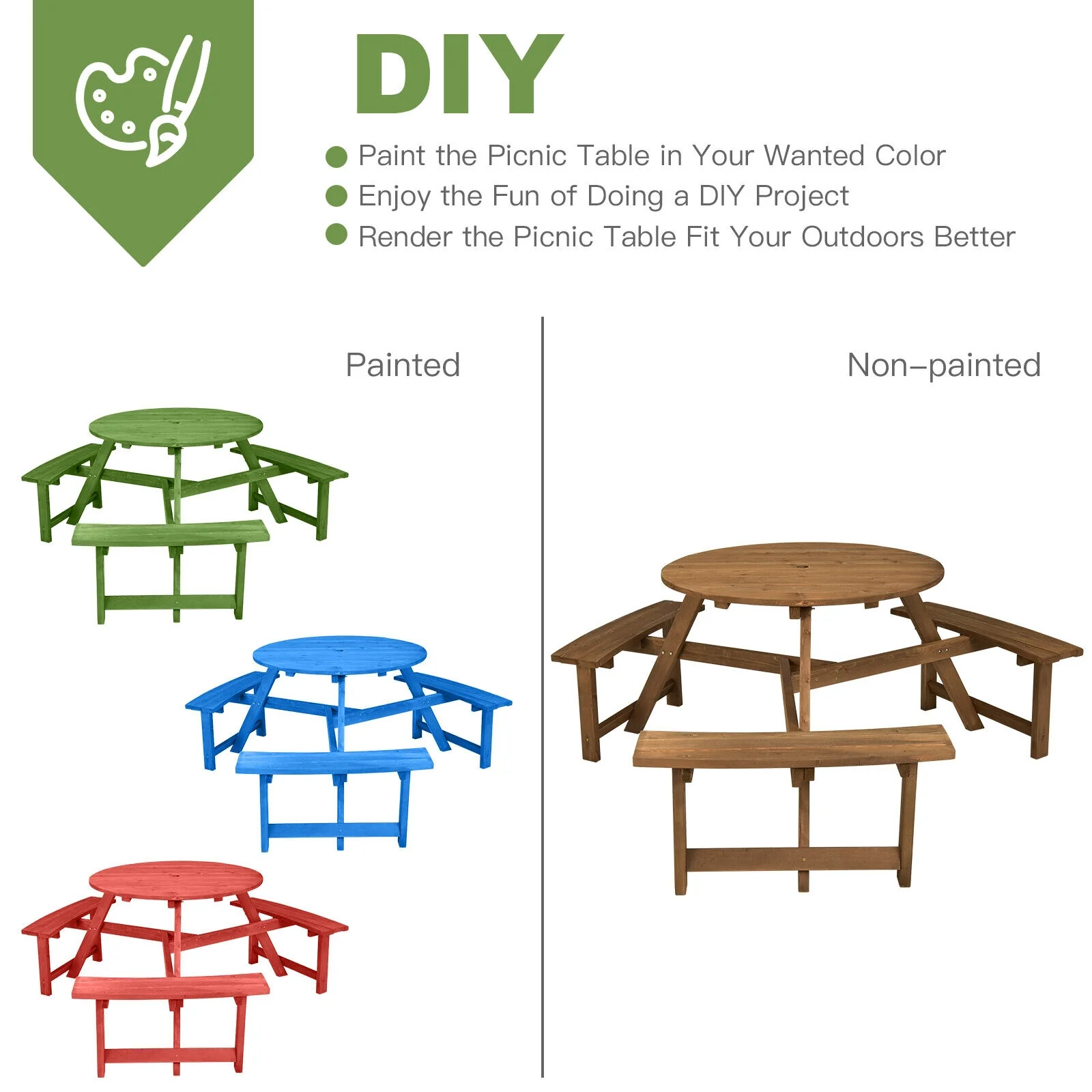6-Person Round Wooden Picnic Table, With Umbrella Hole And Benches, Dark Brown - Image 10
