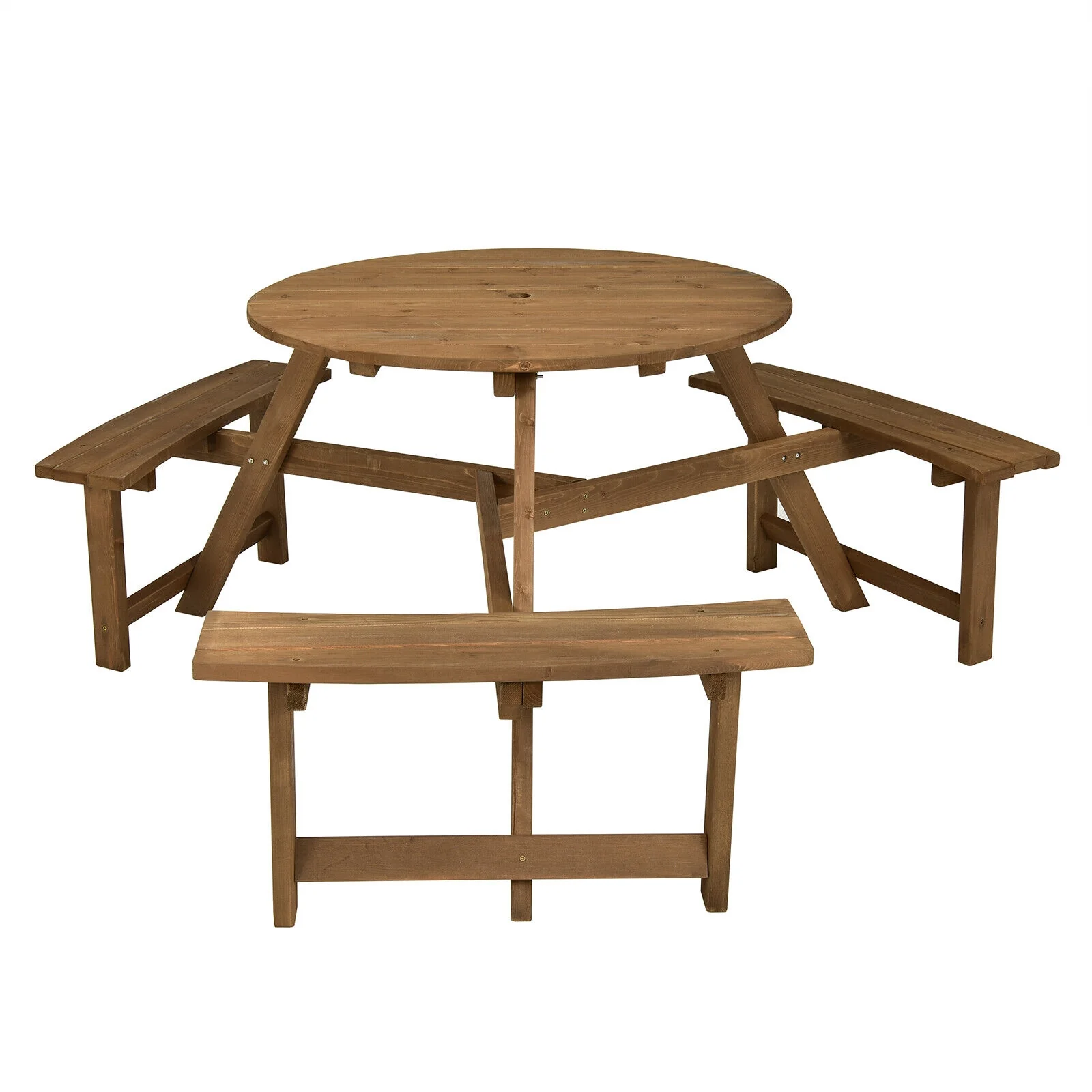 6-Person Round Wooden Picnic Table, With Umbrella Hole And Benches, Dark Brown - Image 2