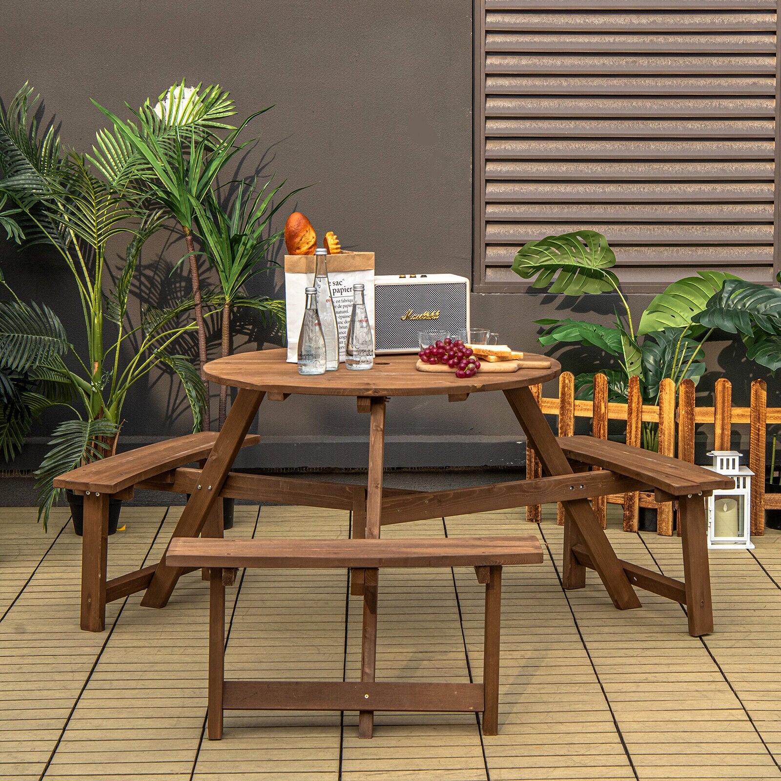 6-Person Round Wooden Picnic Table, With Umbrella Hole And Benches, Dark Brown - Image 3