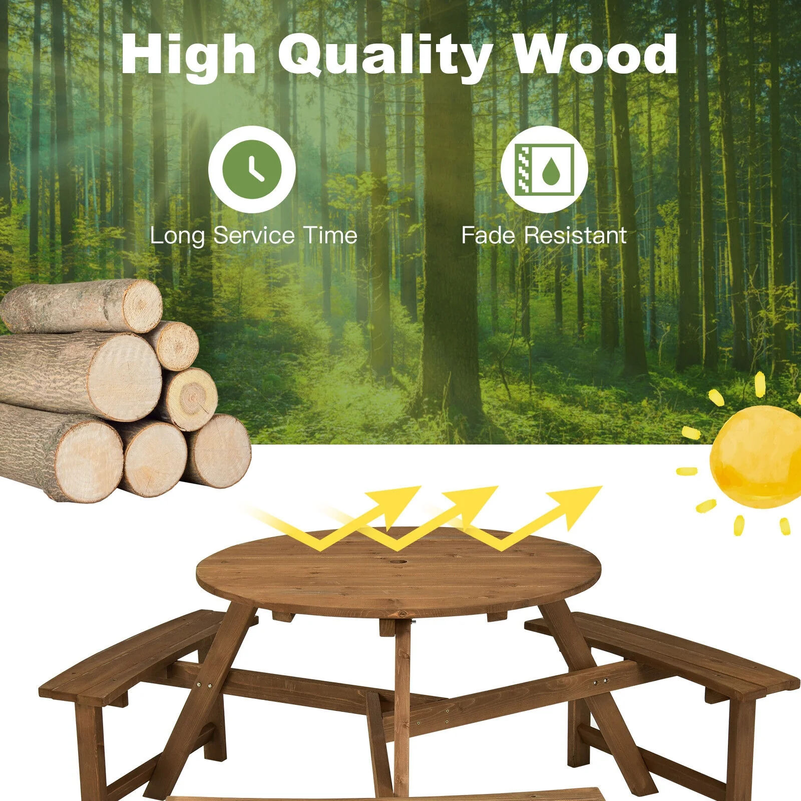 6-Person Round Wooden Picnic Table, With Umbrella Hole And Benches, Dark Brown - Image 4