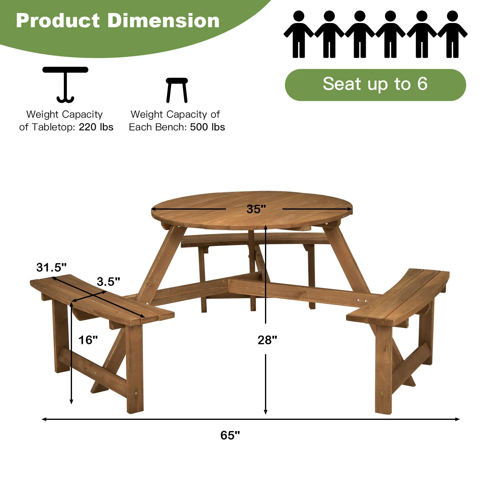 6-Person Round Wooden Picnic Table, With Umbrella Hole And Benches, Dark Brown - Image 5