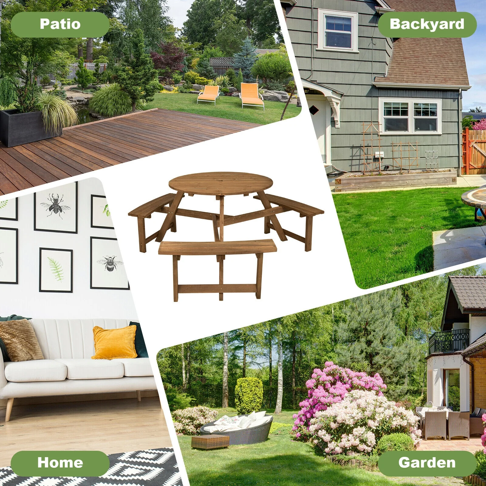 6-Person Round Wooden Picnic Table, With Umbrella Hole And Benches, Dark Brown - Image 6