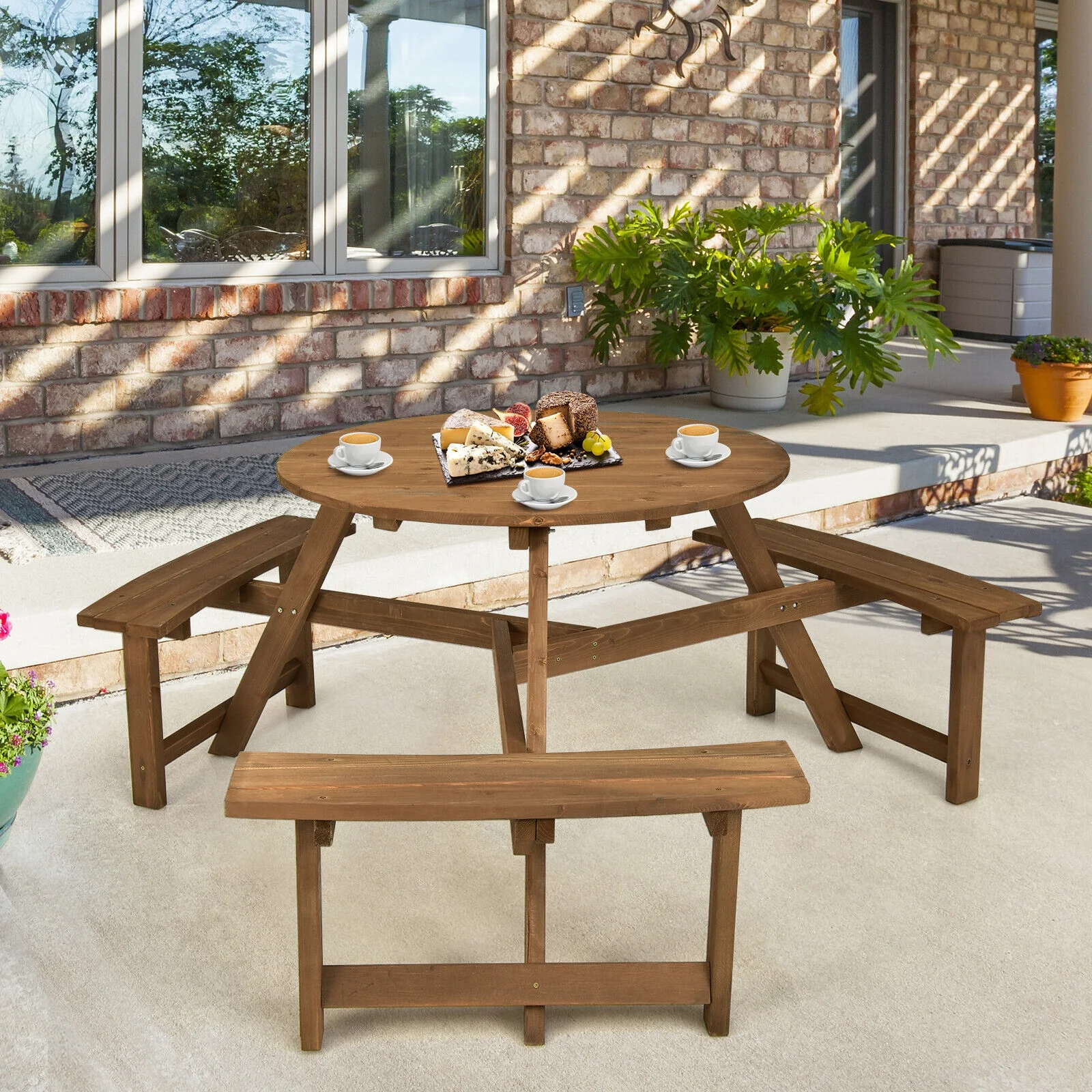 6-Person Round Wooden Picnic Table, With Umbrella Hole And Benches, Dark Brown - Image 7