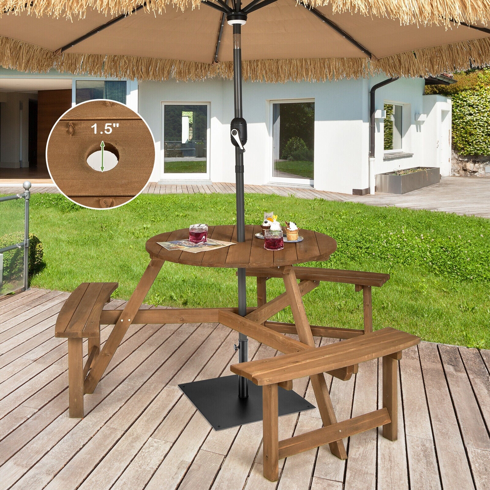 6-Person Round Wooden Picnic Table, With Umbrella Hole And Benches, Dark Brown - Image 8